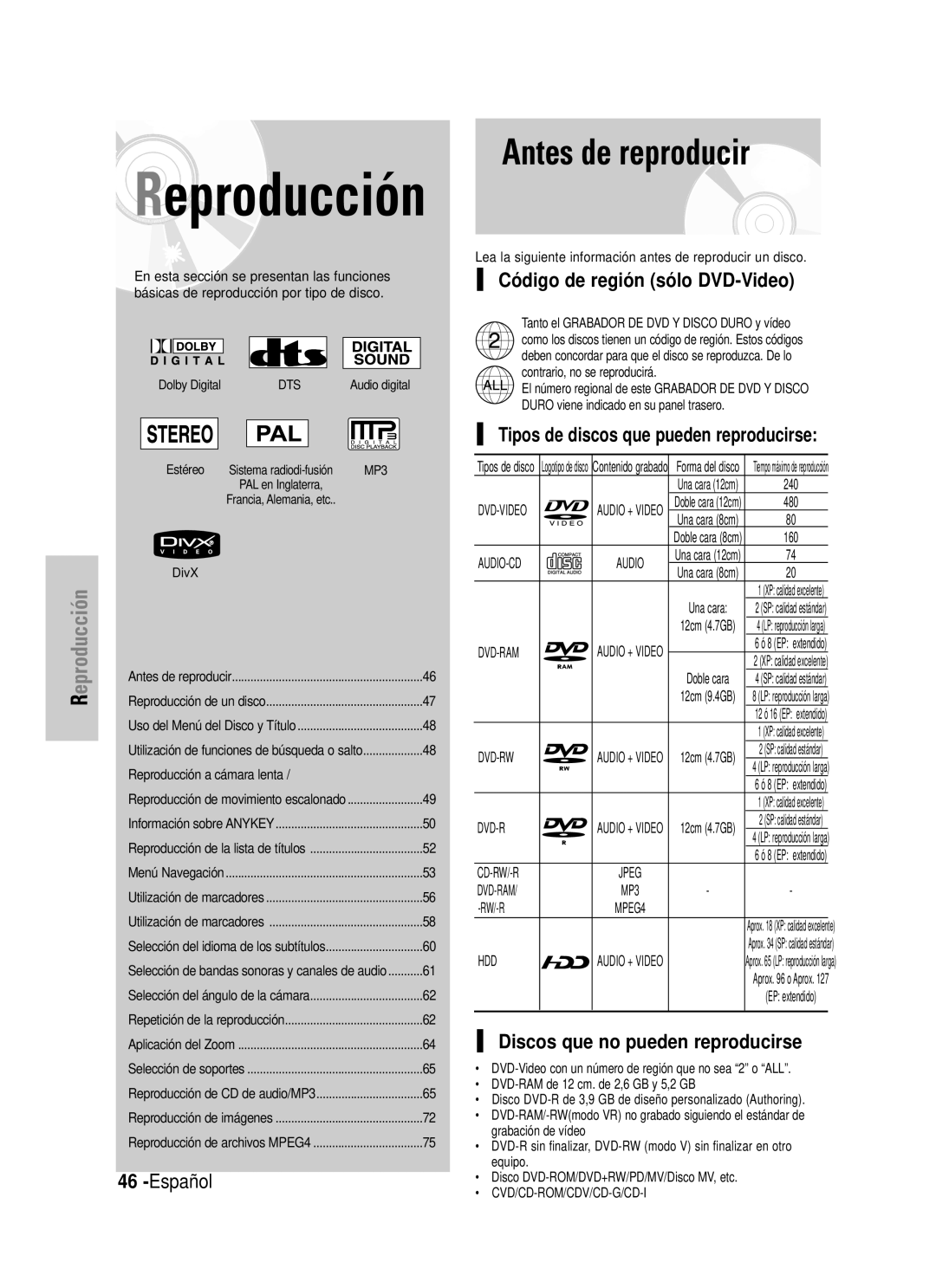 Samsung DVD-HR725/EUR manual Antes de reproducir, Reproducción, Español, Código de región sólo DVD-Video, Dvd-Rw, Rw/-R 