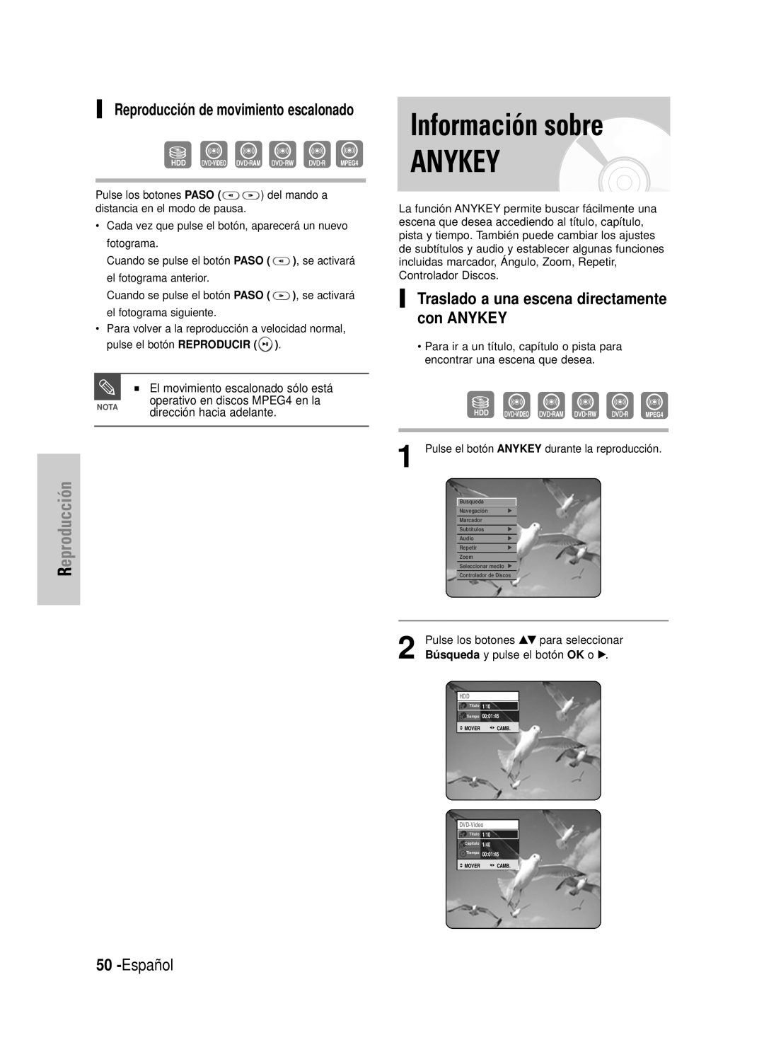 Samsung DVD-HR725/XET manual Información sobre ANYKEY, Traslado a una escena directamente con ANYKEY, Español, Reproducción 
