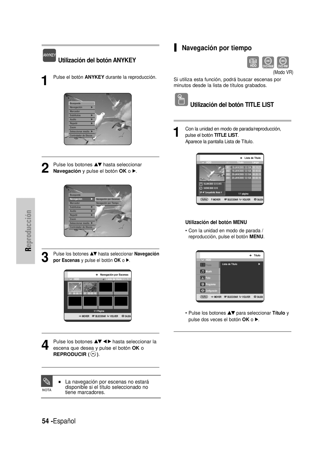 Samsung DVD-HR725/SED manual Español, Navegación por tiempo, Utilización del botón ANYKEY, Utilización del botón TITLE LIST 