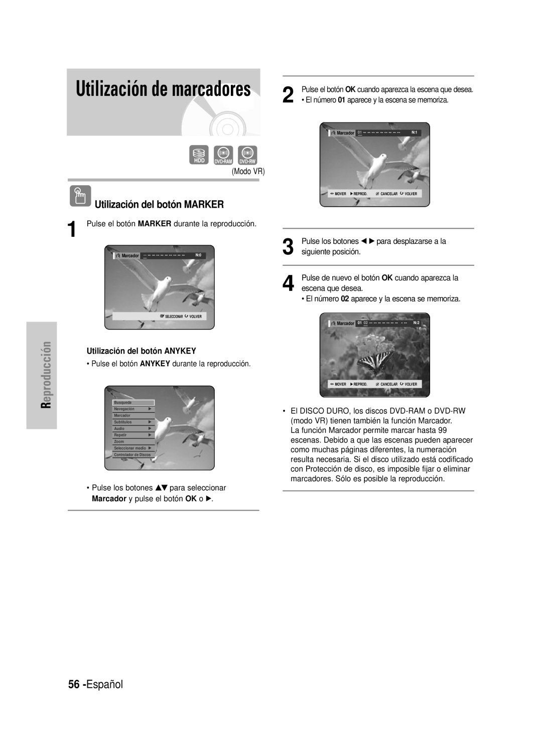 Samsung DVD-HR725/XEN, DVD-HR725/XEG manual Utilización de marcadores, Español, Utilización del botón MARKER, Modo VR 