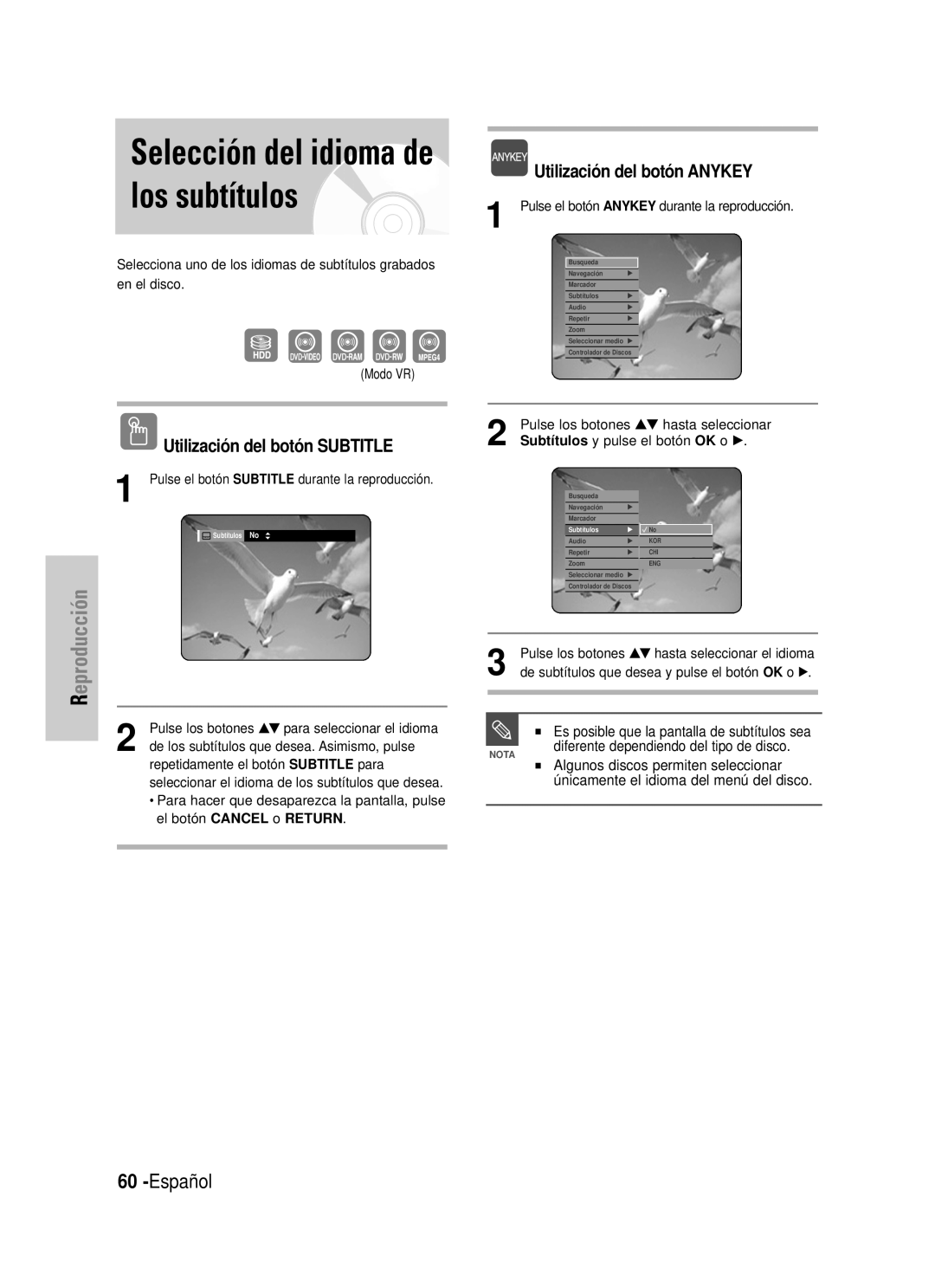 Samsung DVD-HR725/XEG manual Selección del idioma de los subtítulos, Español, Utilización del botón SUBTITLE, Reproducción 