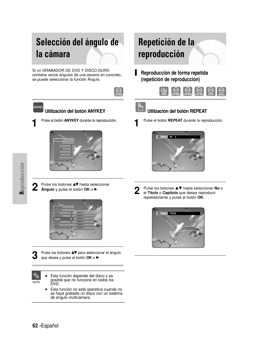 Samsung DVD-HR725/XET manual Selección del ángulo de la cámara, Repetición de la reproducción, Español, eproducciónR 
