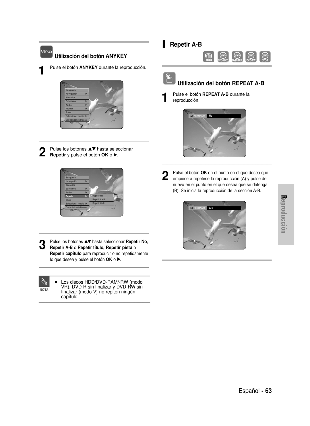 Samsung DVD-HR725/XEH Reproducción, Repetir A-B, Español, Utilización del botón ANYKEY, Utilización del botón REPEAT A-B 