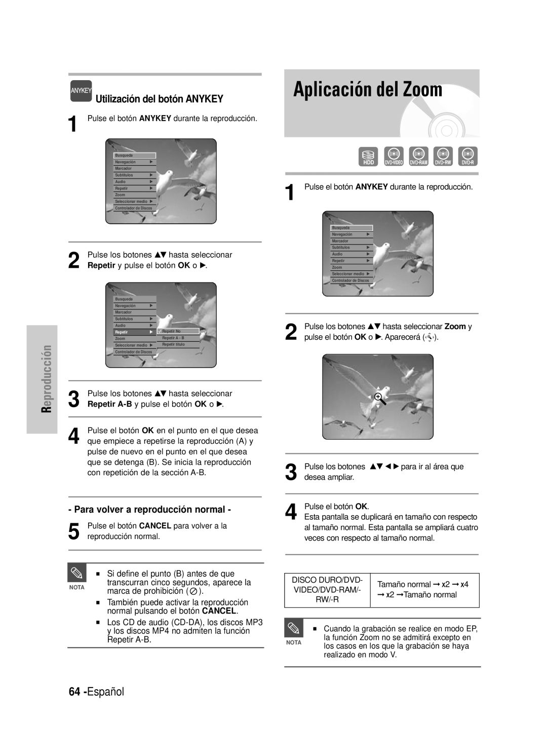 Samsung DVD-HR725/XEB manual Aplicación del Zoom, Español, Utilización del botón ANYKEY, Si define el punto B antes de que 