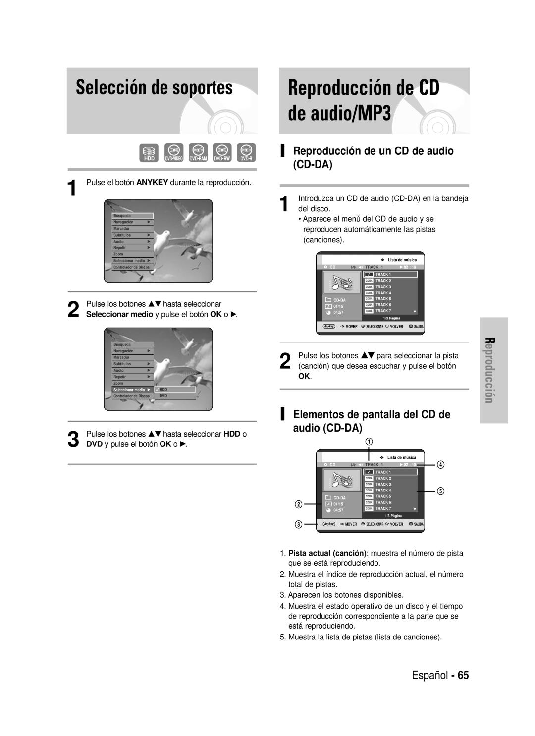 Samsung DVD-HR725/XEO manual de audio/MP3, Selección de soportes, Reproducción de CD, Reproducción de un CD de audio CD-DA 