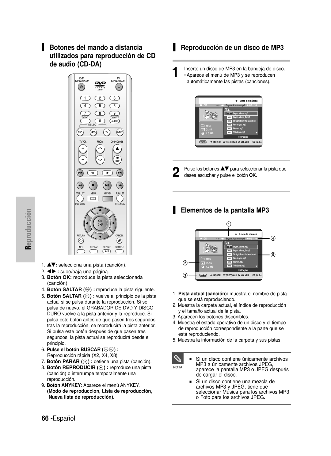 Samsung DVD-HR725/SED manual Reproducción de un disco de MP3, Español, Elementos de la pantalla MP3, de cargar el disco 