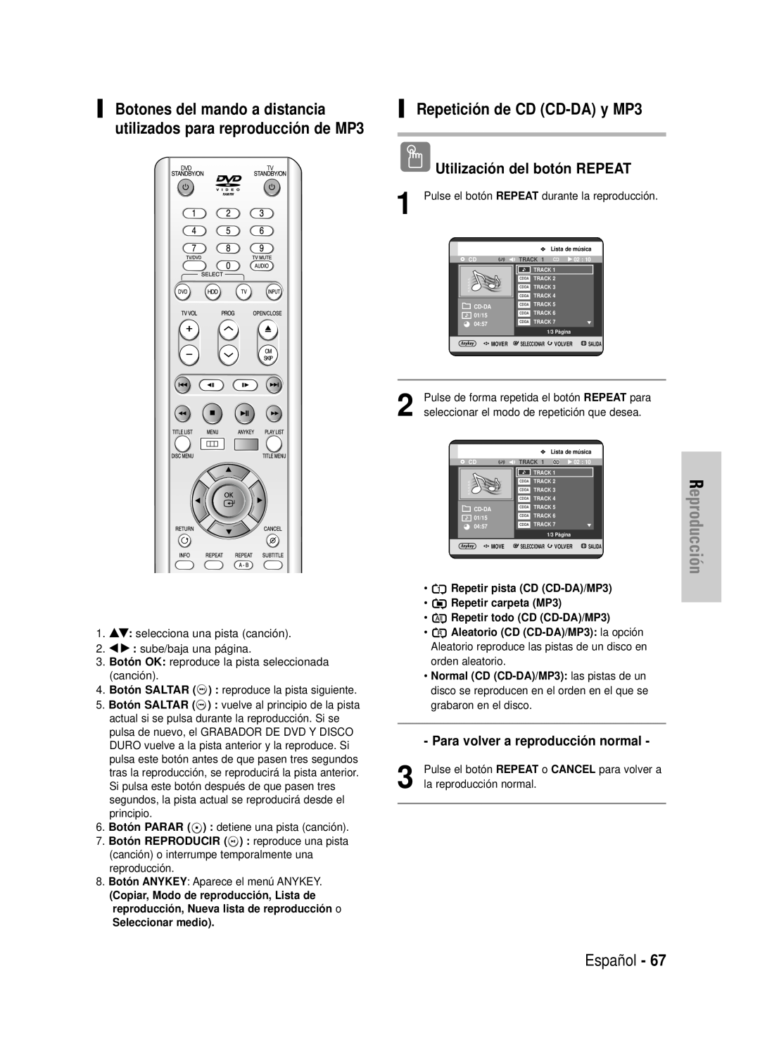 Samsung DVD-HR725/XEE manual Repetición de CD CD-DA y MP3, Español, Utilización del botón REPEAT, Seleccionar medio 