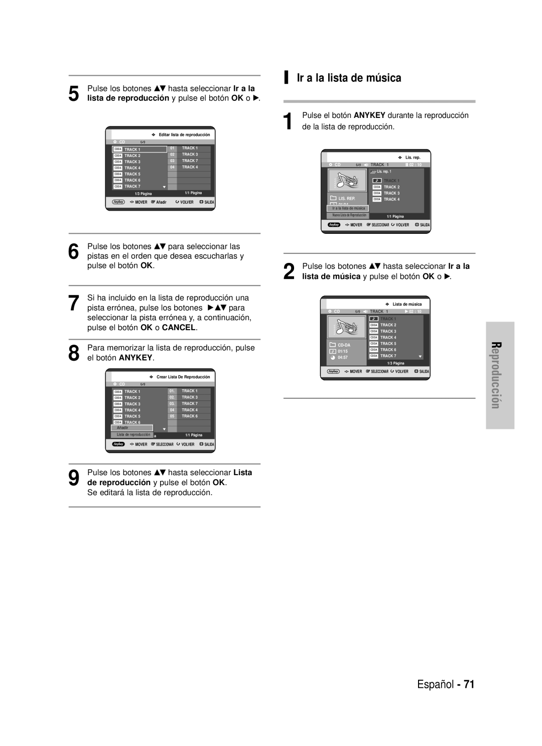 Samsung DVD-HR725/XEU manual Ir a la lista de música, Reproducción, Español, Si ha incluido en la lista de reproducción una 