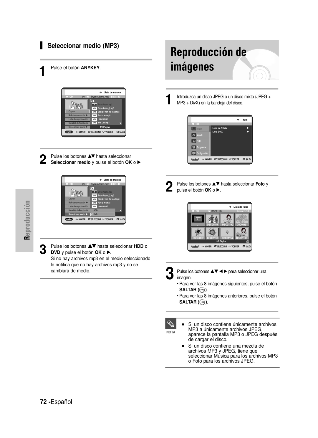 Samsung DVD-HR725/XEG Reproducción de imágenes, Seleccionar medio MP3, Español, Si un disco contiene únicamente archivos 
