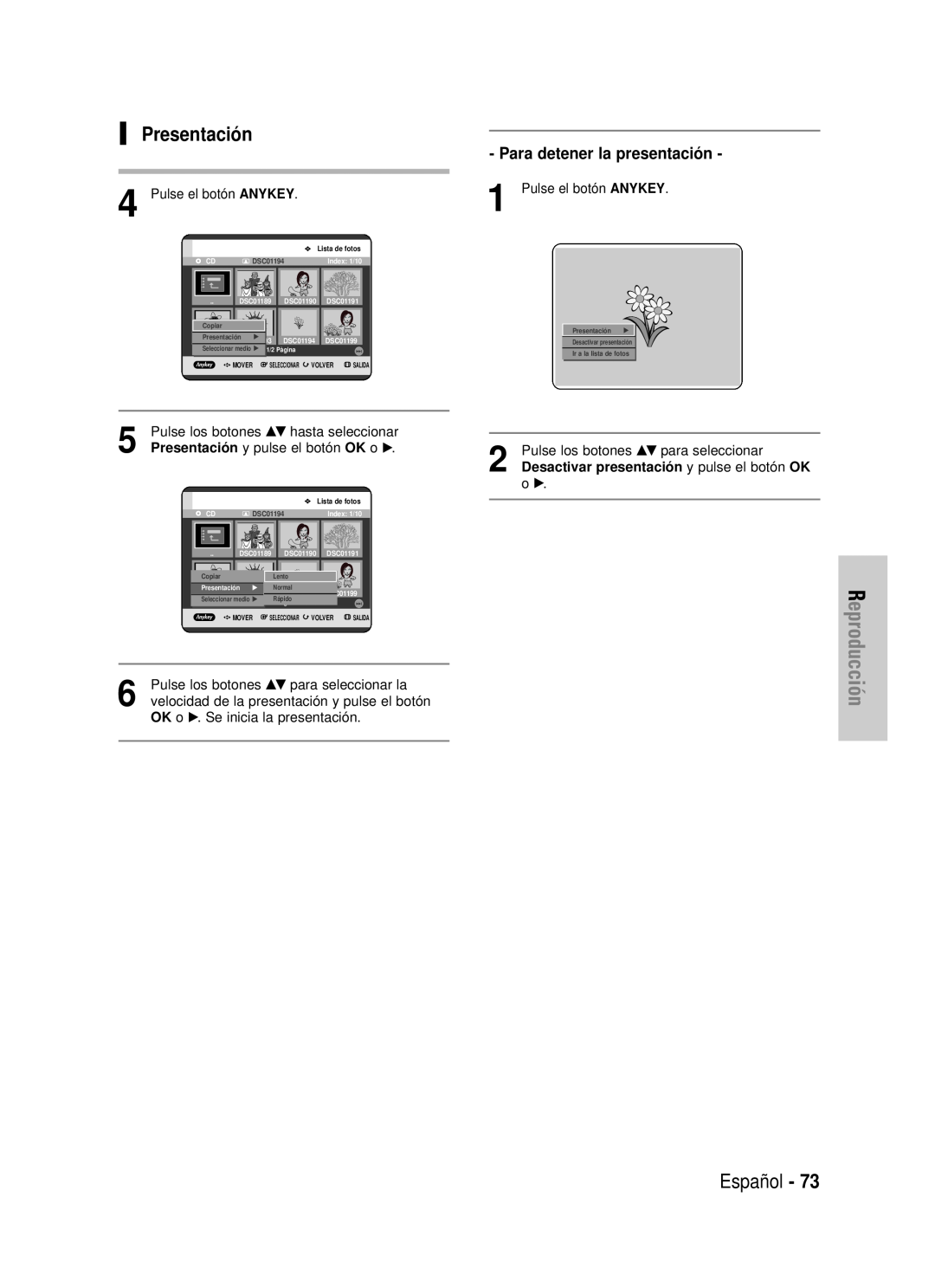 Samsung DVD-HR725/XEF, DVD-HR725/XEG, DVD-HR725/XET manual Presentación, Reproducción, Español, Para detener la presentación 