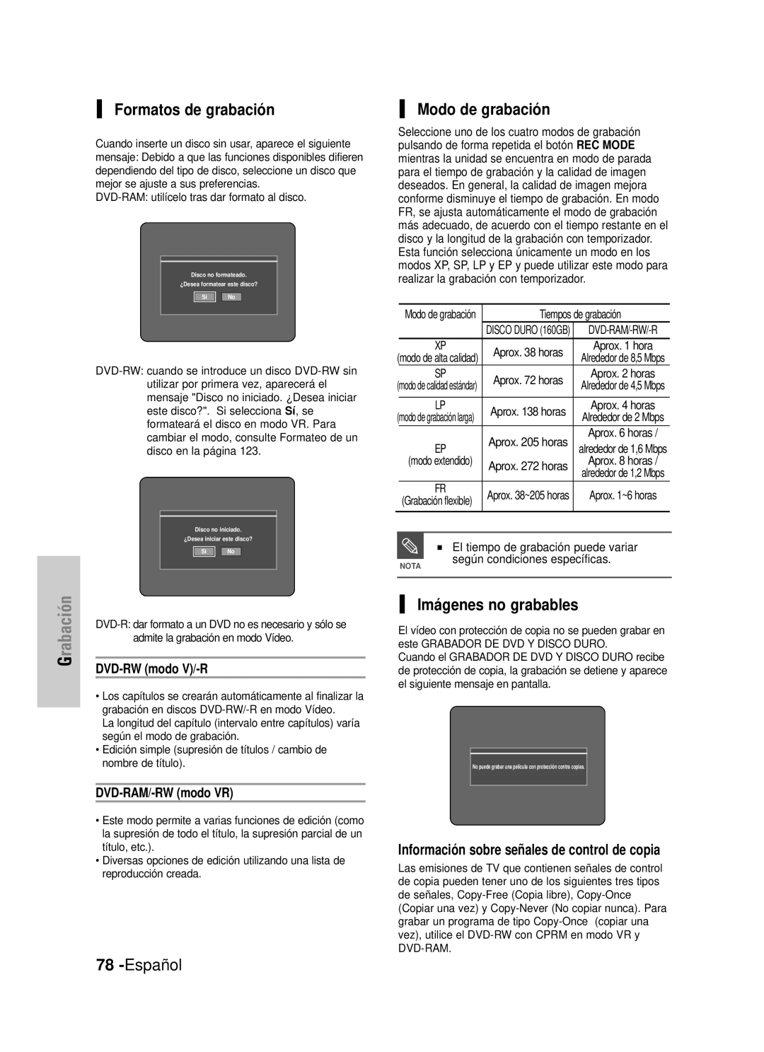 Samsung DVD-HR725/SED, DVD-HR725/XEG Grabación, Formatos de grabación, Modo de grabación, Español, Imágenes no grabables 