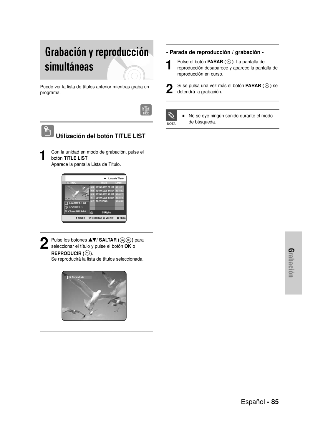Samsung DVD-HR725/XEF manual Grabación y reproducción simultáneas, Español, Utilización del botón TITLE LIST, Reproducir 