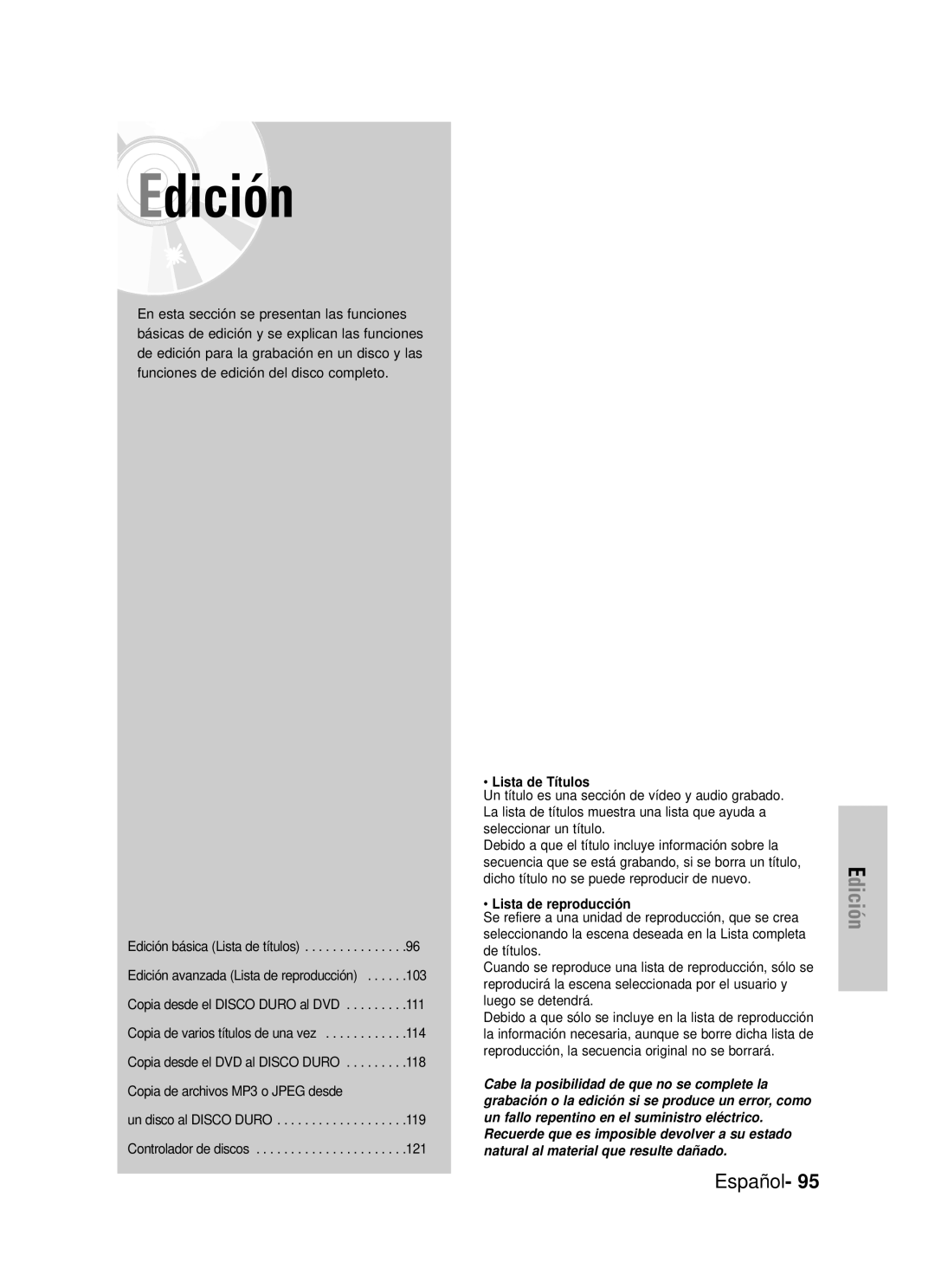 Samsung DVD-HR725/XEU, DVD-HR725/XEG, DVD-HR725/XEF, DVD-HR725/XET Edición, Español, Lista de Títulos, Lista de reproducción 