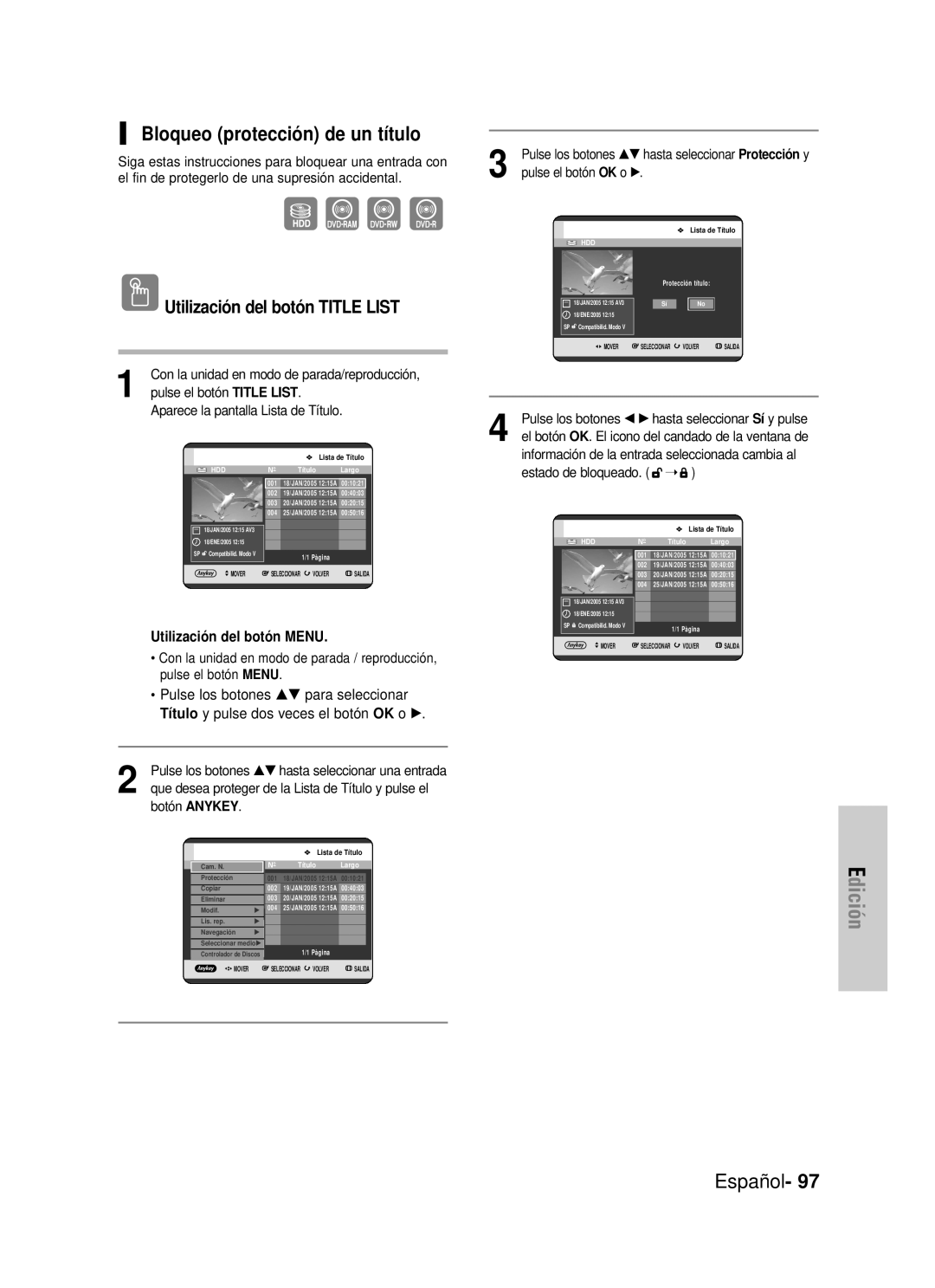 Samsung DVD-HR725/XEF Bloqueo protección de un título, Edición, Español, Utilización del botón TITLE LIST, botón ANYKEY 