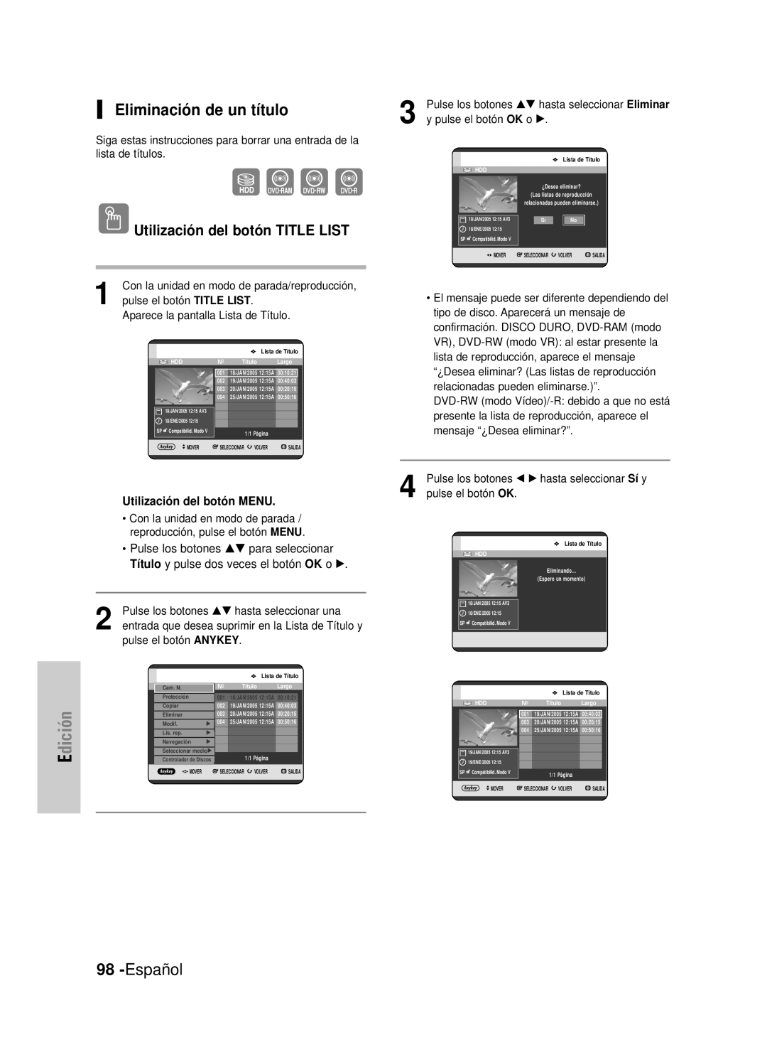 Samsung DVD-HR725/XET manual Eliminación de un título, Español, Utilización del botón TITLE LIST, pulse el botón TITLE LIST 