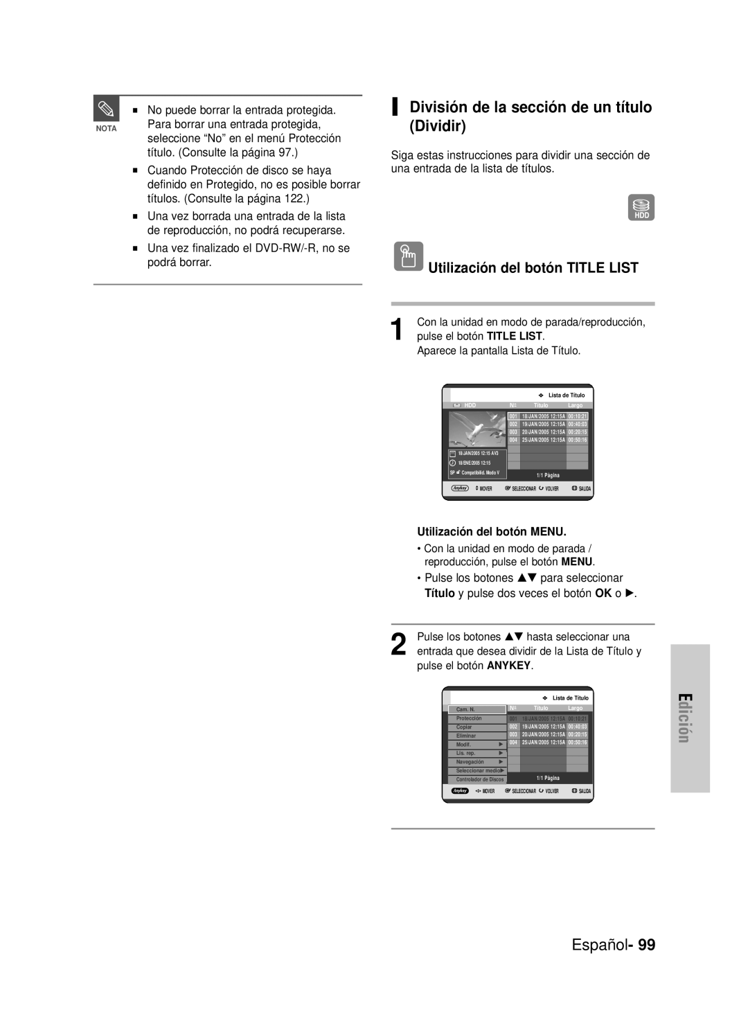 Samsung DVD-HR725/XEH División de la sección de un título Dividir, Español, Utilización del botón TITLE LIST, Nota, Mover 