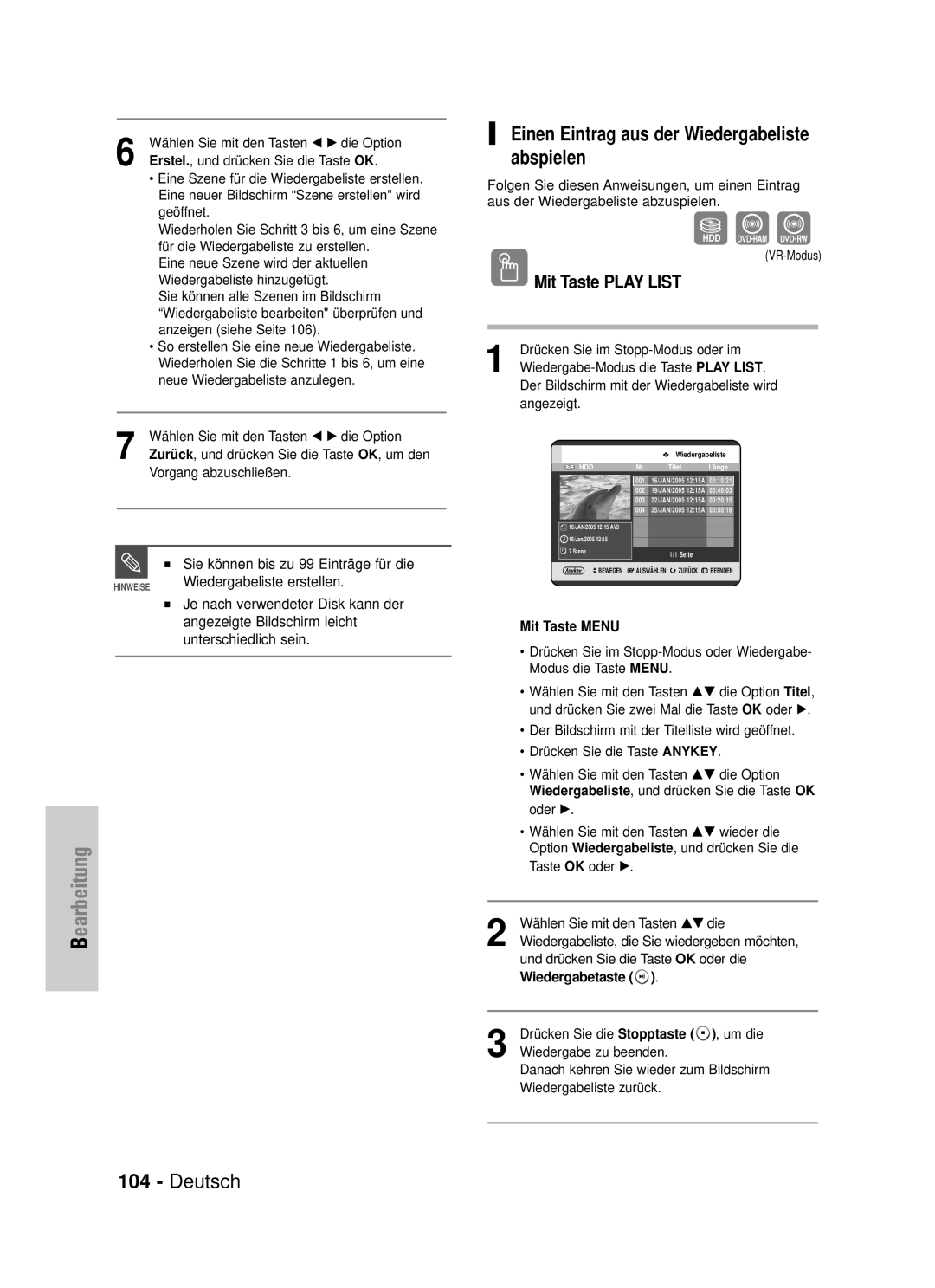 Samsung DVD-HR725/XEG Einen Eintrag aus der Wiedergabeliste abspielen, Mit Taste Play List, Wiedergabeliste erstellen 