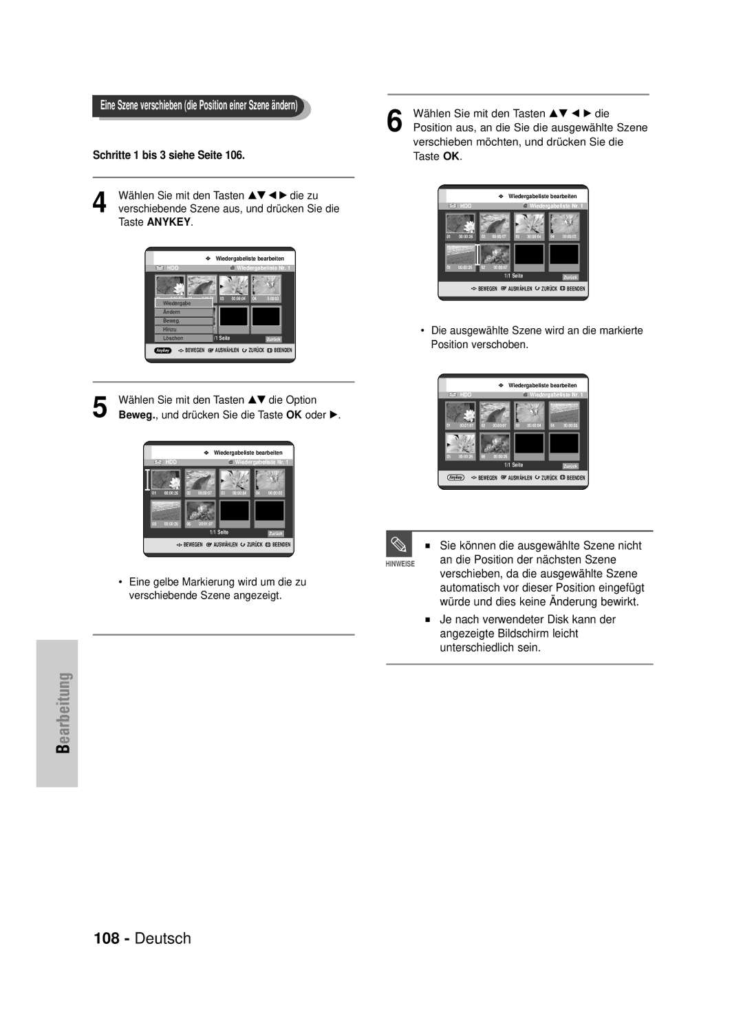 Samsung DVD-HR725/XEG manual An die Position der nächsten Szene, Verschieben, da die ausgewählte Szene 