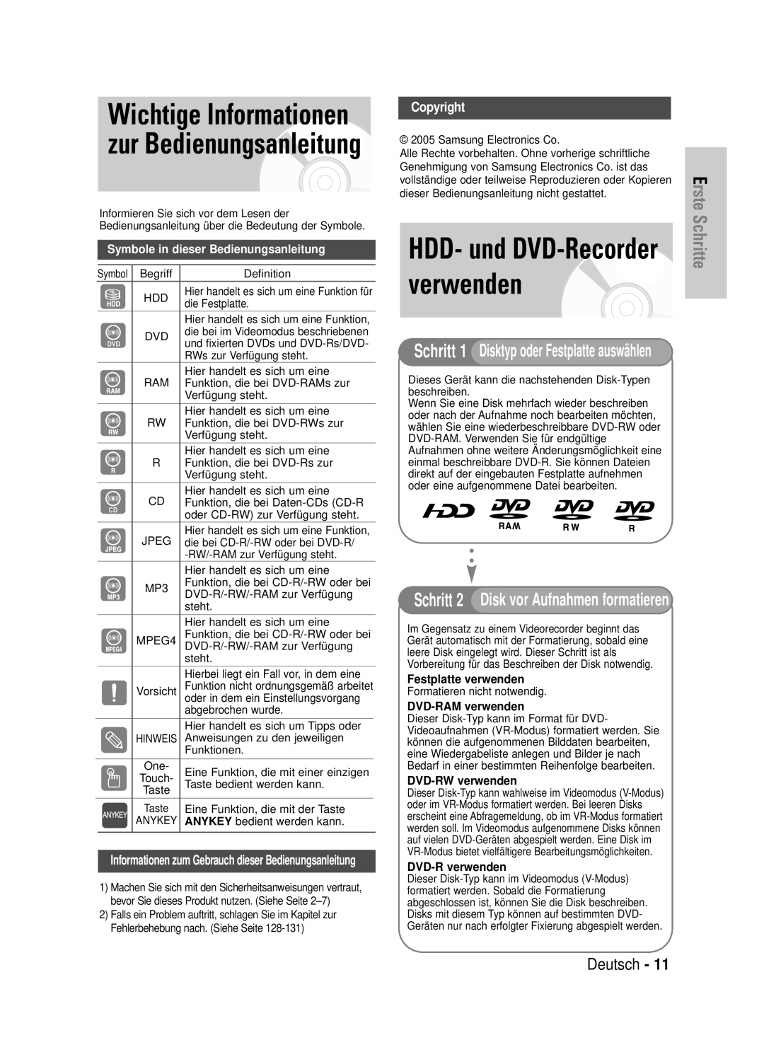 Samsung DVD-HR725/XEG manual Verwenden, Wichtige Informationen zur Bedienungsanleitung 