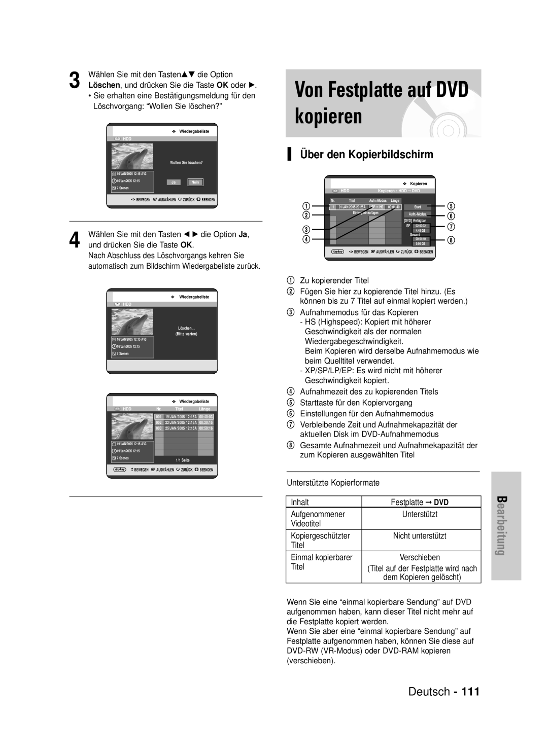 Samsung DVD-HR725/XEG manual Von Festplatte auf DVD kopieren, Über den Kopierbildschirm, Videotitel, Titel 