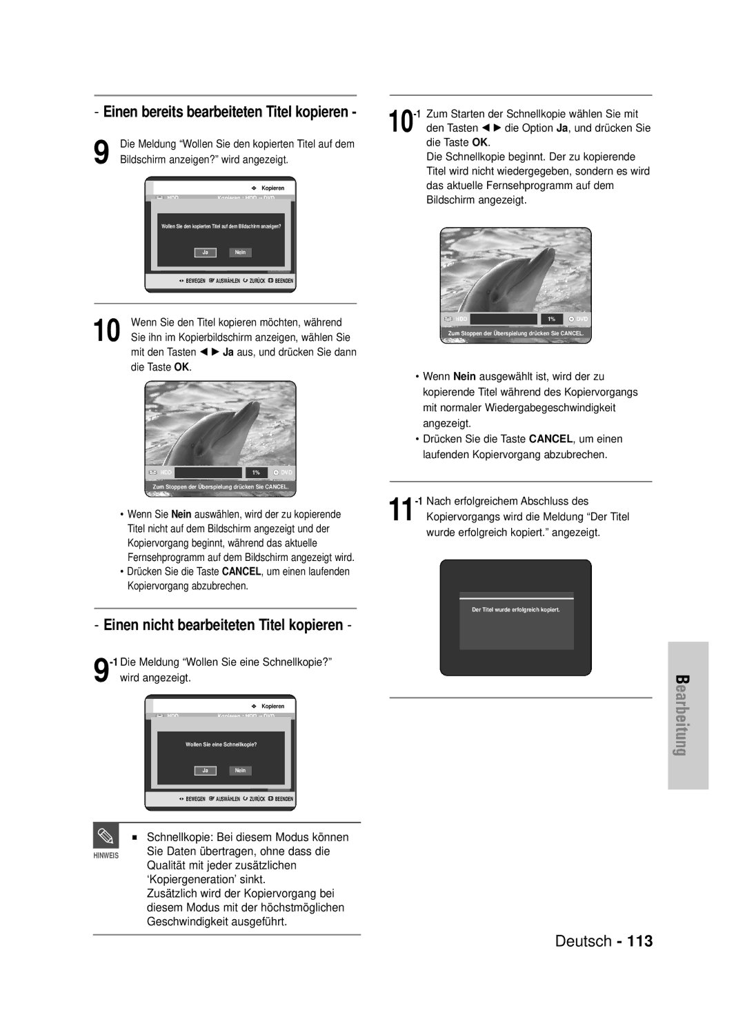 Samsung DVD-HR725/XEG manual Einen nicht bearbeiteten Titel kopieren, Einen bereits bearbeiteten Titel kopieren 