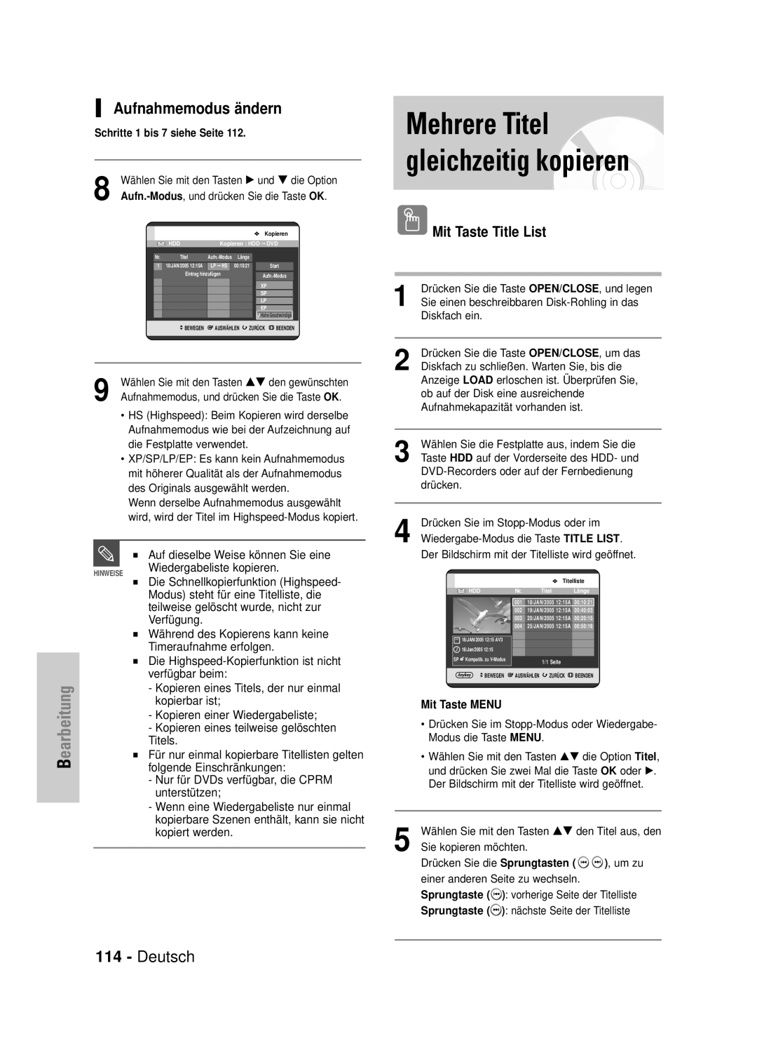 Samsung DVD-HR725/XEG manual Mehrere Titel gleichzeitig kopieren, Aufnahmemodus ändern, Auf dieselbe Weise können Sie eine 