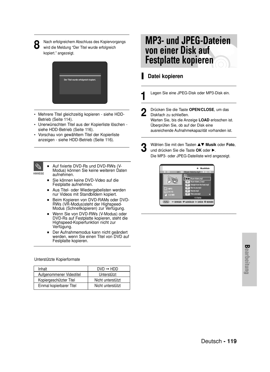 Samsung DVD-HR725/XEG manual Datei kopieren, Aufgenommener Videotitel, Kopiergeschützter Titel, Einmal kopierbarer Titel 