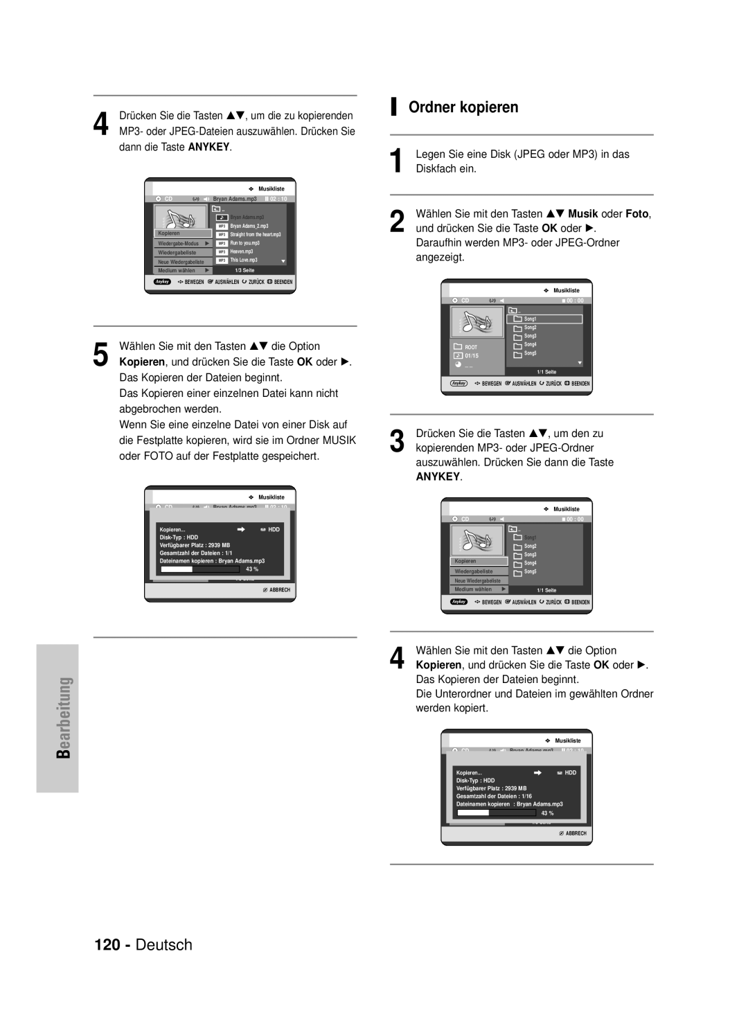 Samsung DVD-HR725/XEG manual Ordner kopieren 