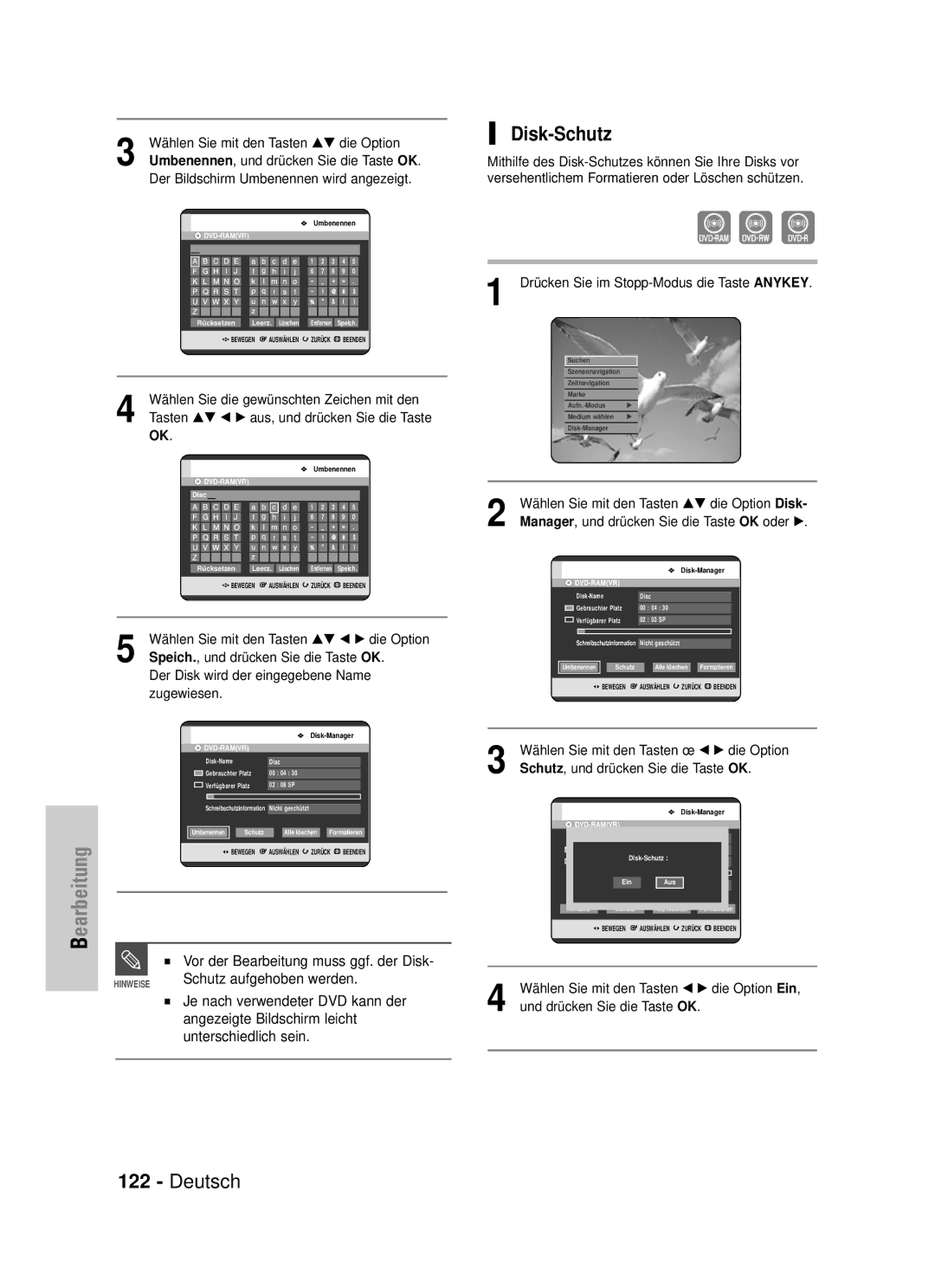 Samsung DVD-HR725/XEG manual Disk-Schutz, Schutz aufgehoben werden 