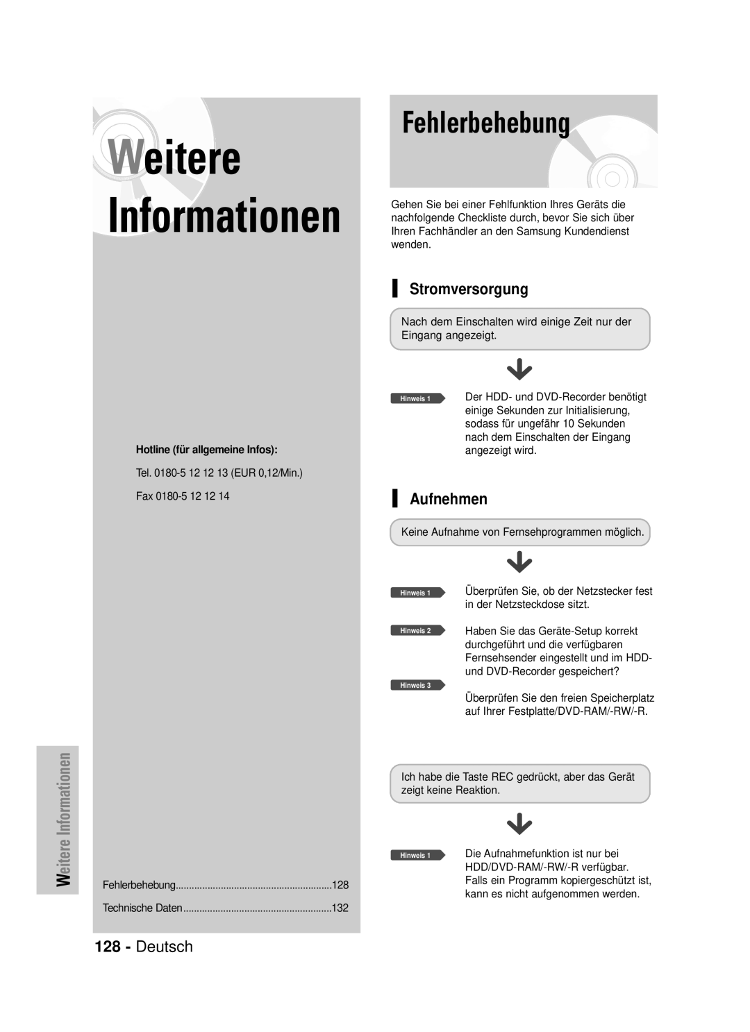 Samsung DVD-HR725/XEG manual Stromversorgung, Aufnehmen, Hotline für allgemeine Infos 