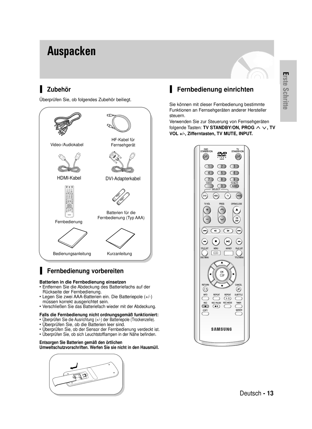 Samsung DVD-HR725/XEG manual Zubehö r, Fernbedienung vorbereiten, Fernbedienung einrichten, HDMI-KabelDVI-Adapterkabel 