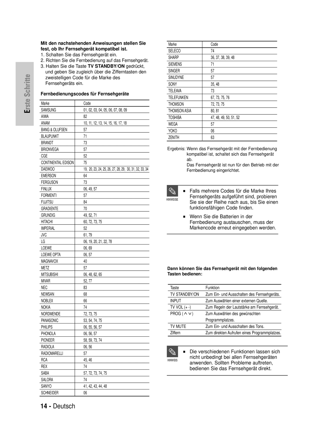 Samsung DVD-HR725/XEG manual Falls mehrere Codes für die Marke Ihres, Die verschiedenen Funktionen lassen sich 