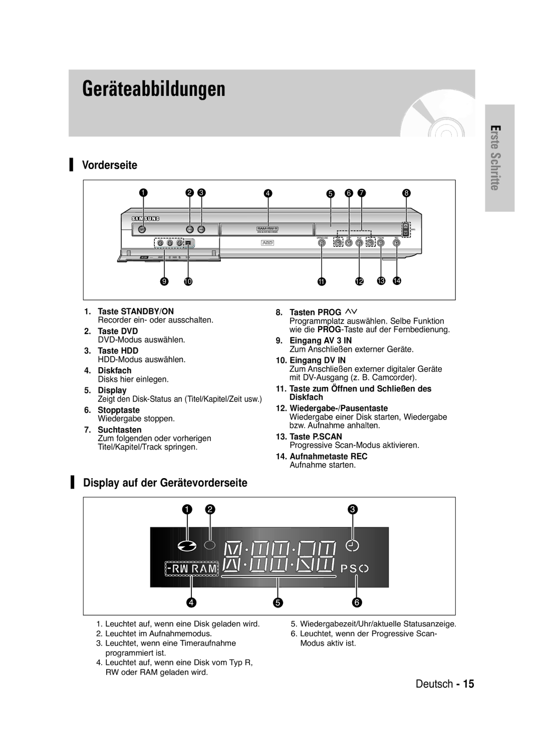 Samsung DVD-HR725/XEG manual Display auf der Gerätevorderseite 