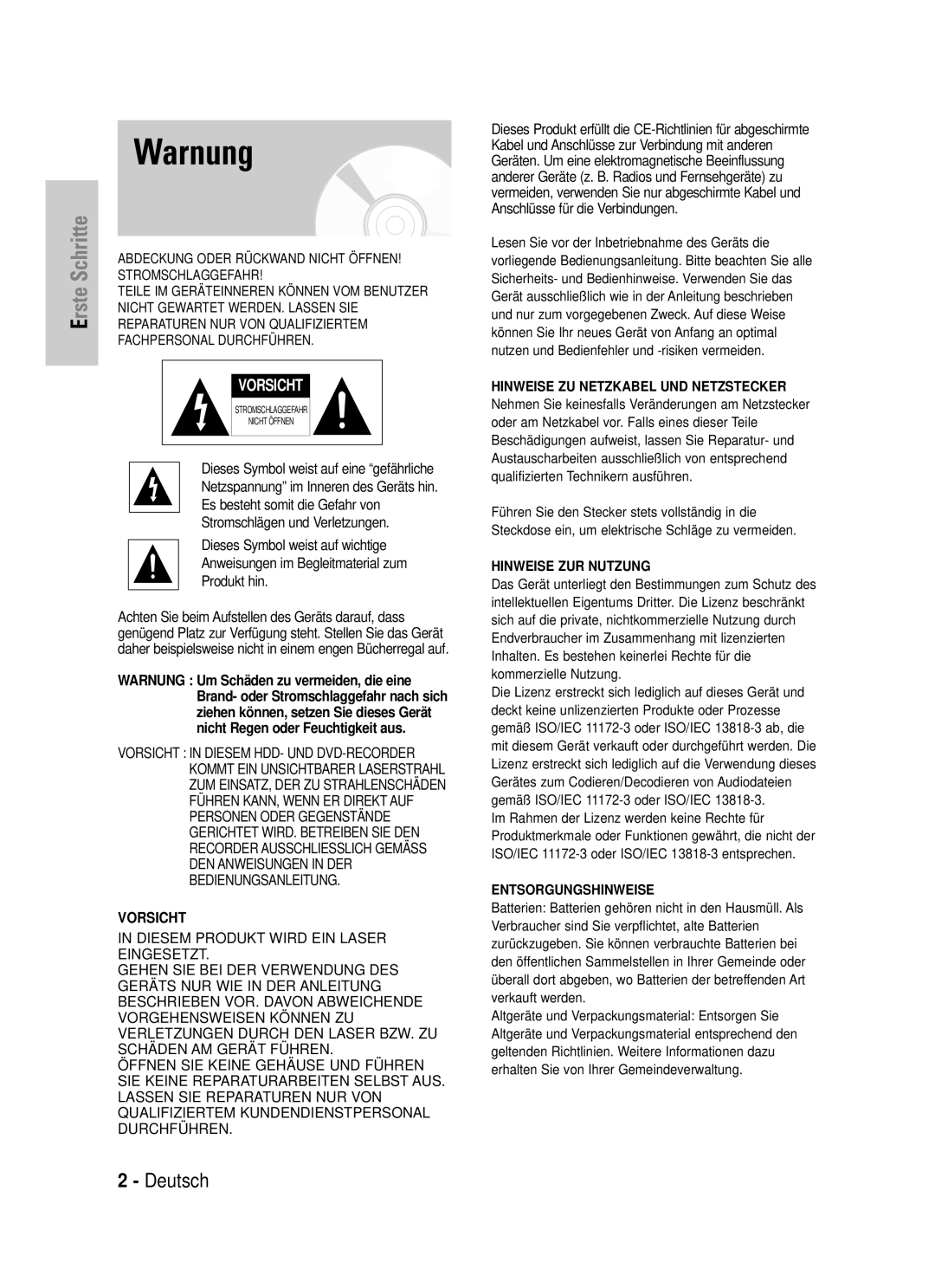 Samsung DVD-HR725/XEG manual Warnung, Vorsicht 