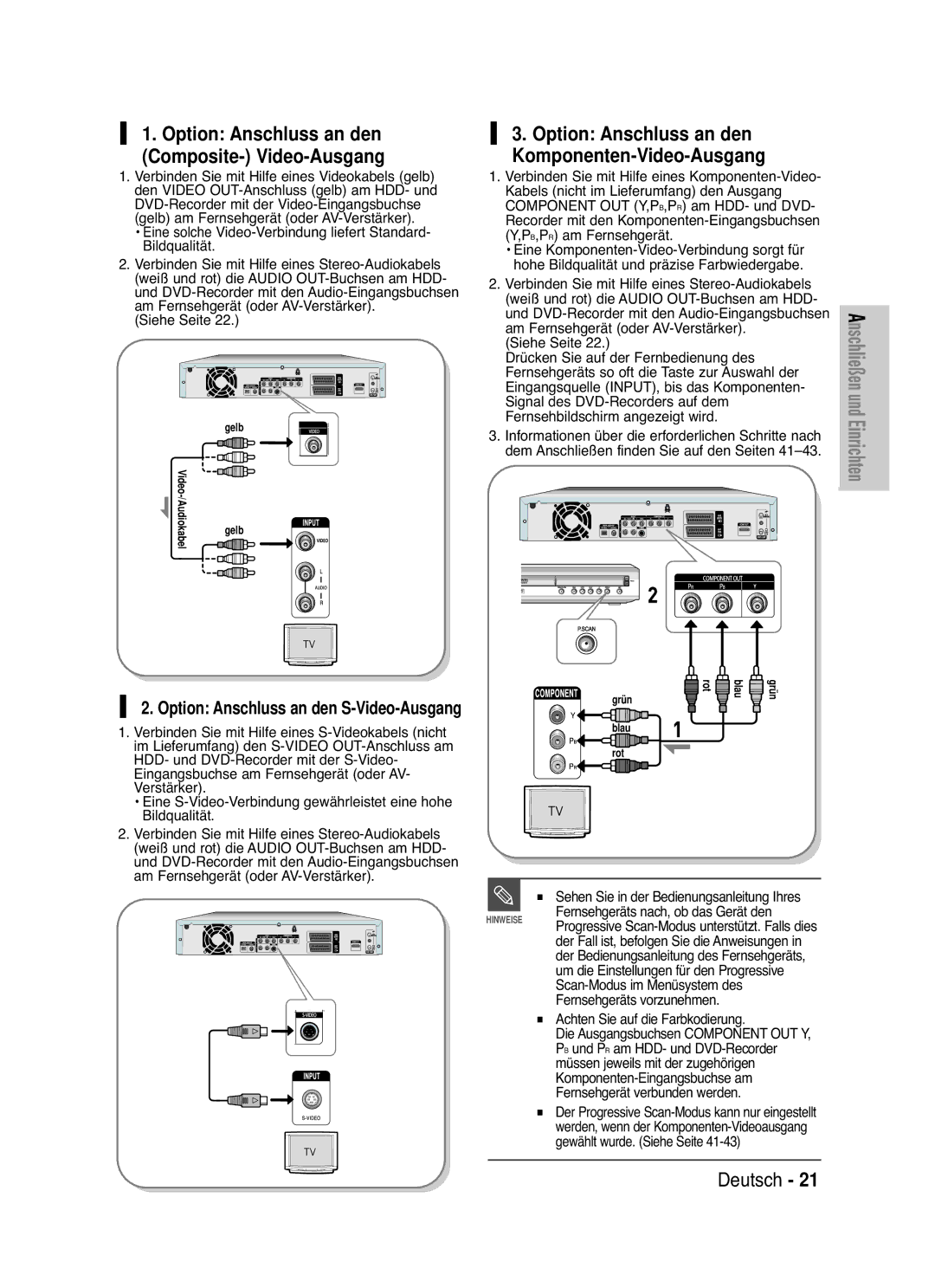 Samsung DVD-HR725/XEG Eine solche Video-Verbindung liefert Standard- Bildqualität, Siehe Seite, Fernsehgeräts vorzunehmen 