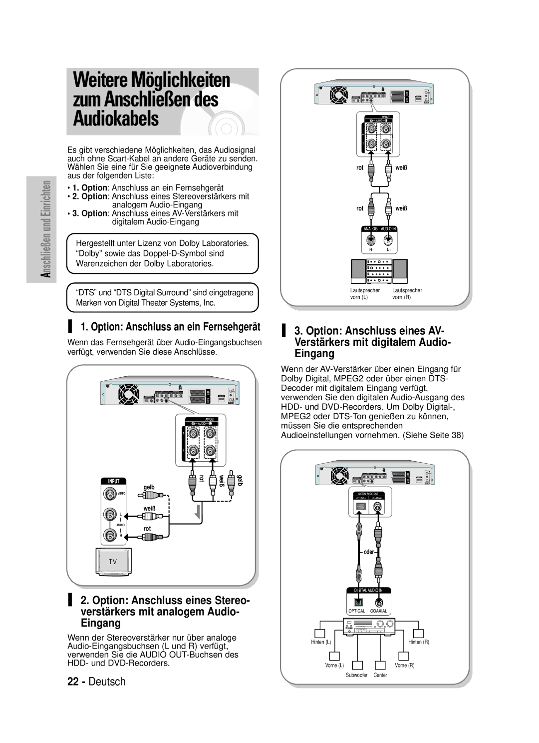 Samsung DVD-HR725/XEG manual Weitere Möglichkeiten zum Anschließen des Audiokabels, Option Anschluss an ein Fernsehgerät 