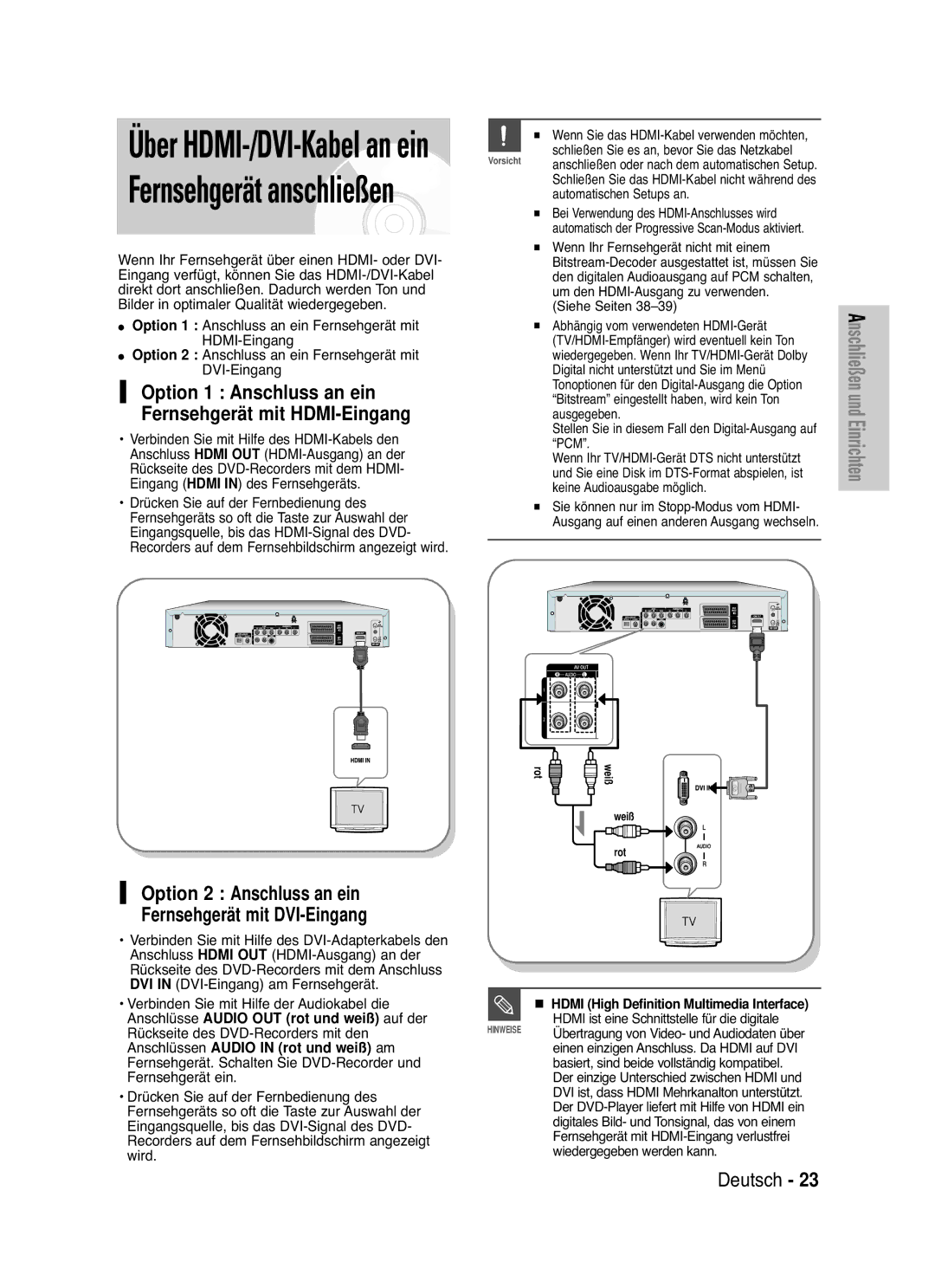 Samsung DVD-HR725/XEG manual Fernsehgerät anschließen, Option 1 Anschluss an ein, Fernsehgerät mit HDMI-Eingang 