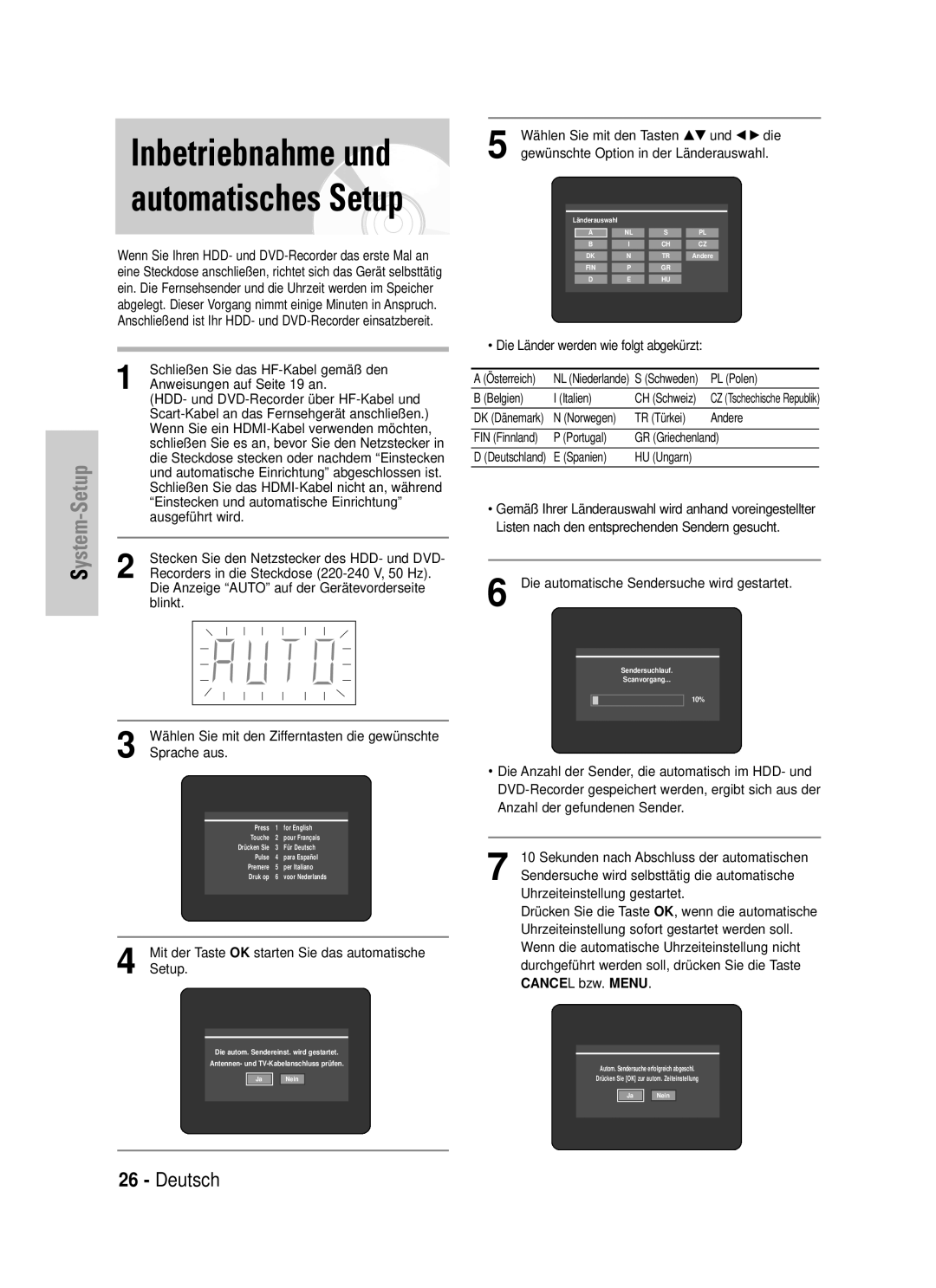 Samsung DVD-HR725/XEG manual Inbetriebnahme und automatisches Setup, Wählen Sie mit den Tasten …† und œ √ die 