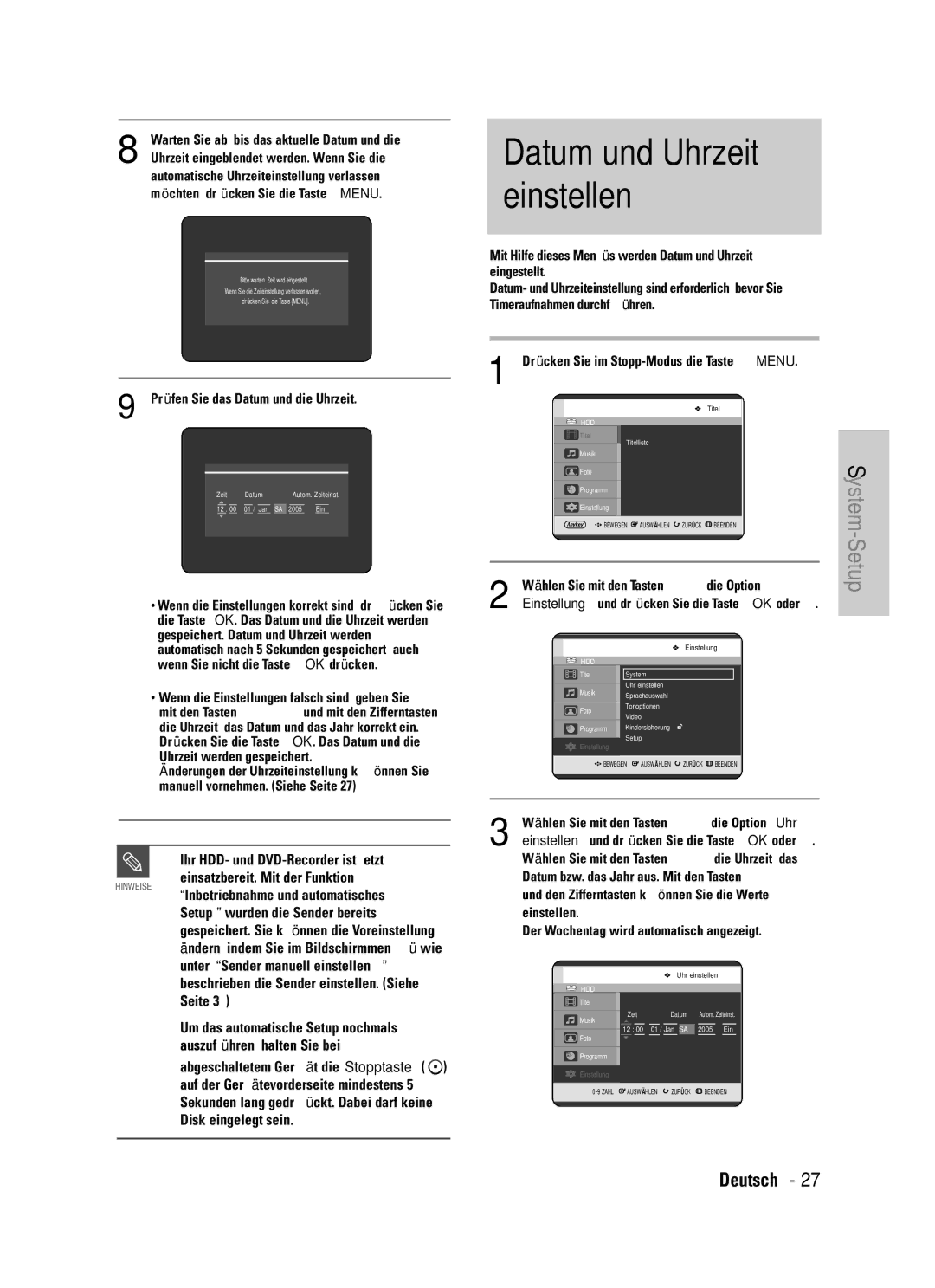 Samsung DVD-HR725/XEG manual Datum und Uhrzeit einstellen, Ihr HDD- und DVD-Recorder ist jetzt 