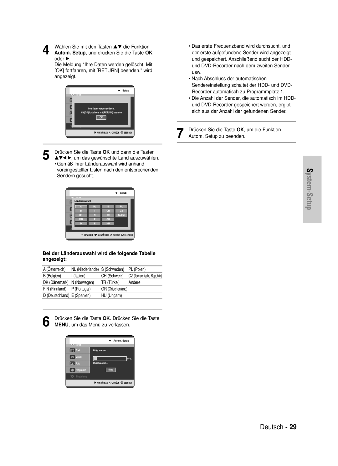 Samsung DVD-HR725/XEG manual Bei der Lä nderauswahl wird die folgende Tabelle angezeigt 