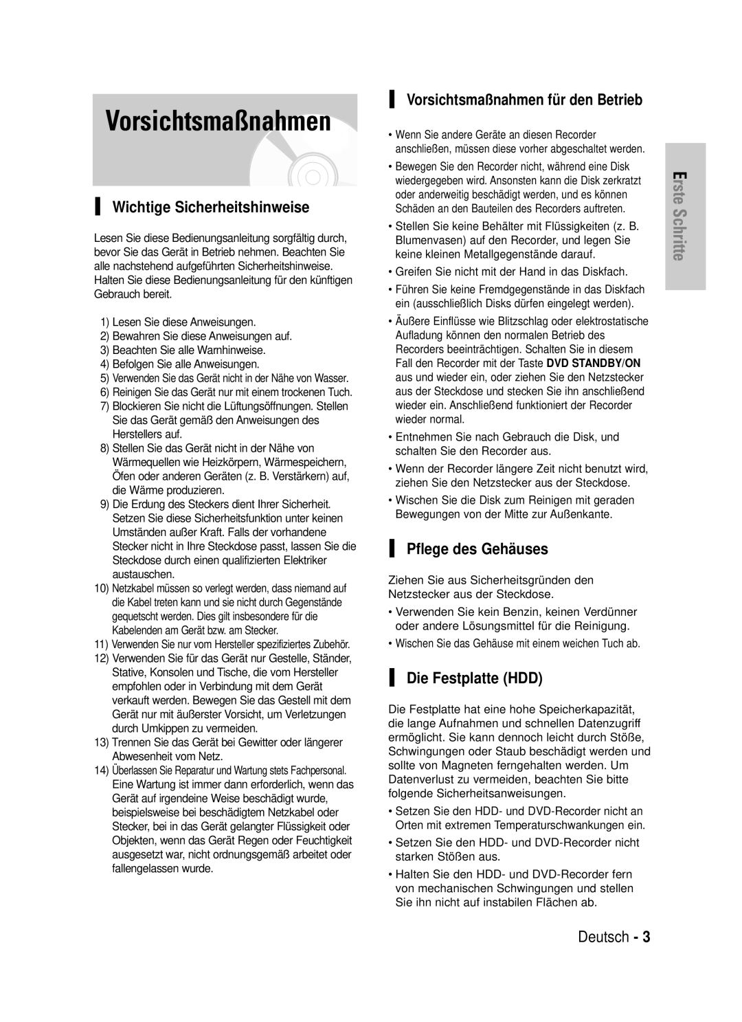 Samsung DVD-HR725/XEG manual Wichtige Sicherheitshinweise, Pflege des Gehä uses, Die Festplatte HDD 