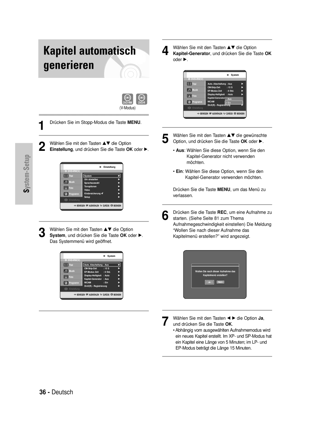 Samsung DVD-HR725/XEG manual Aus Wählen Sie diese Option, wenn Sie den, Kapitel-Generator nicht verwenden, Möchten 