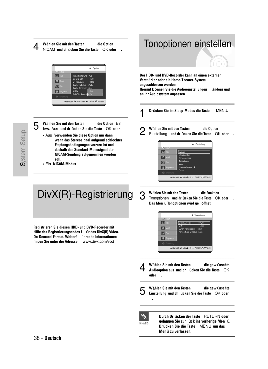 Samsung DVD-HR725/XEG manual Durch Drücken der Taste Return oder œ 