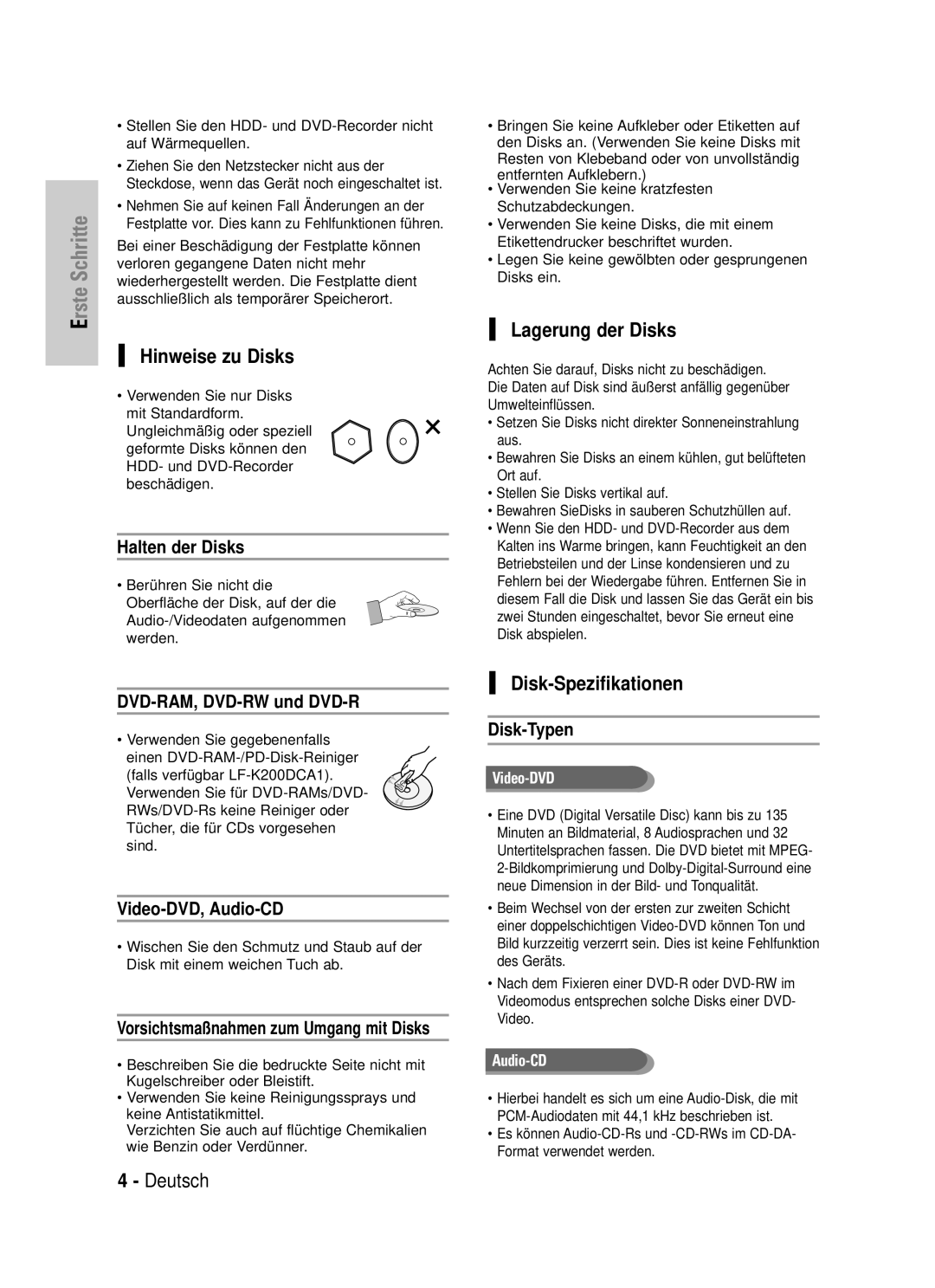 Samsung DVD-HR725/XEG manual Hinweise zu Disks, Lagerung der Disks, Disk-Spezifikationen 