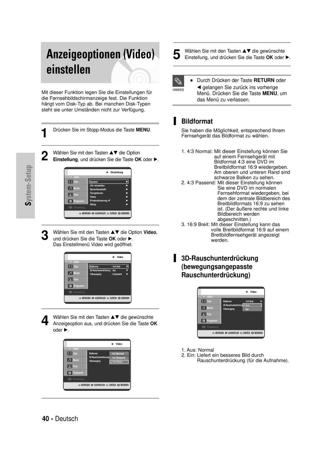 Samsung DVD-HR725/XEG manual Anzeigeoptionen Video einstellen, Bildformat 