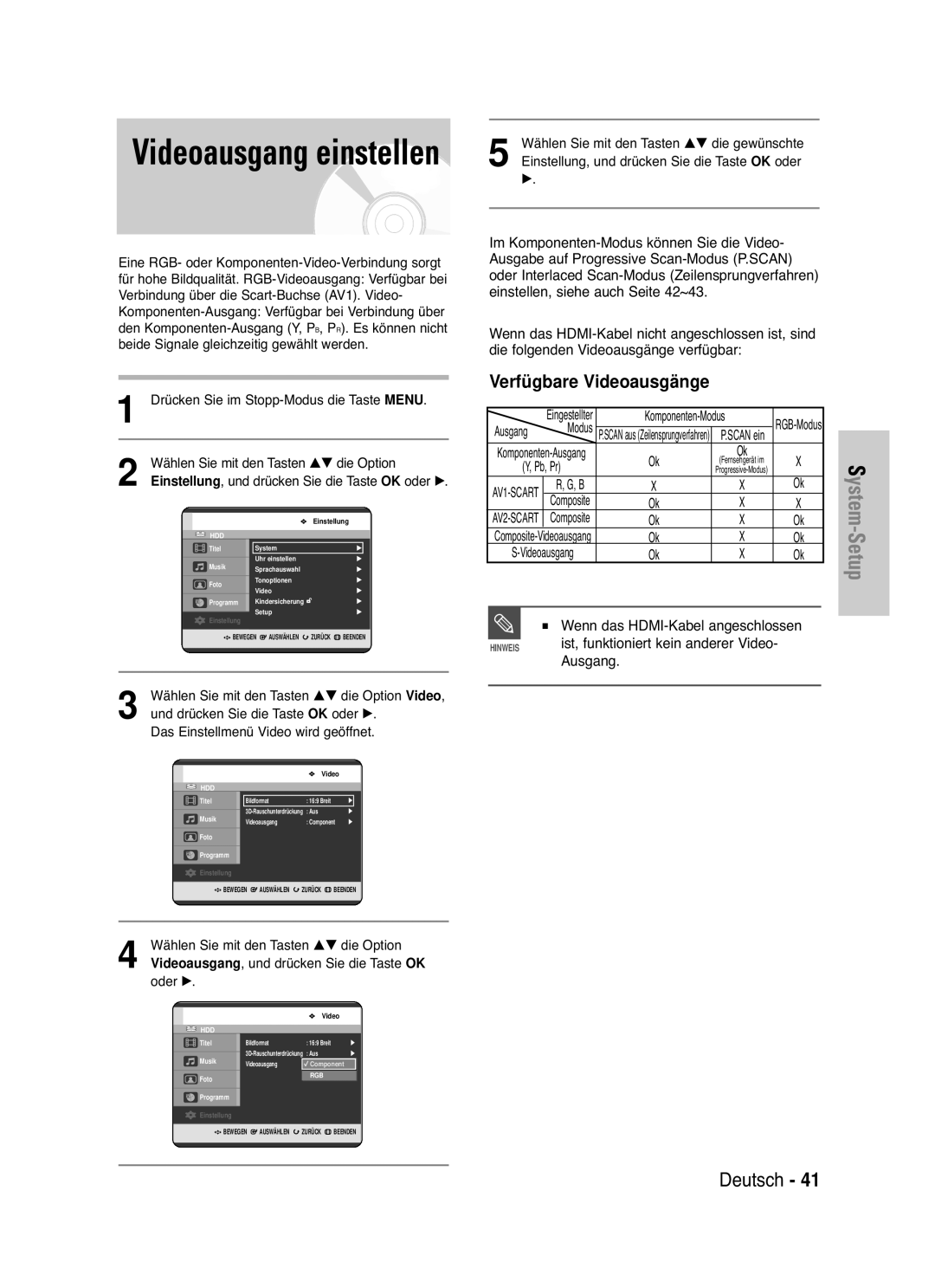 Samsung DVD-HR725/XEG manual Videoausgänge, Komponenten-Modus 