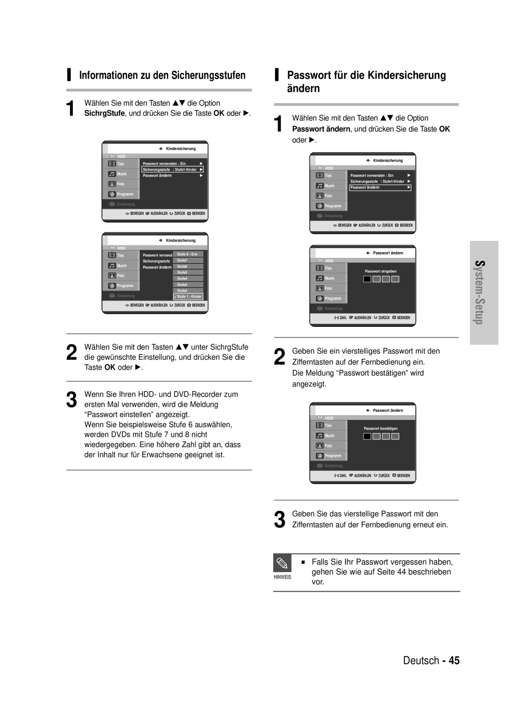 Samsung DVD-HR725/XEG manual Passwort fü r die Kindersicherung ä ndern, Informationen zu den Sicherungsstufen 