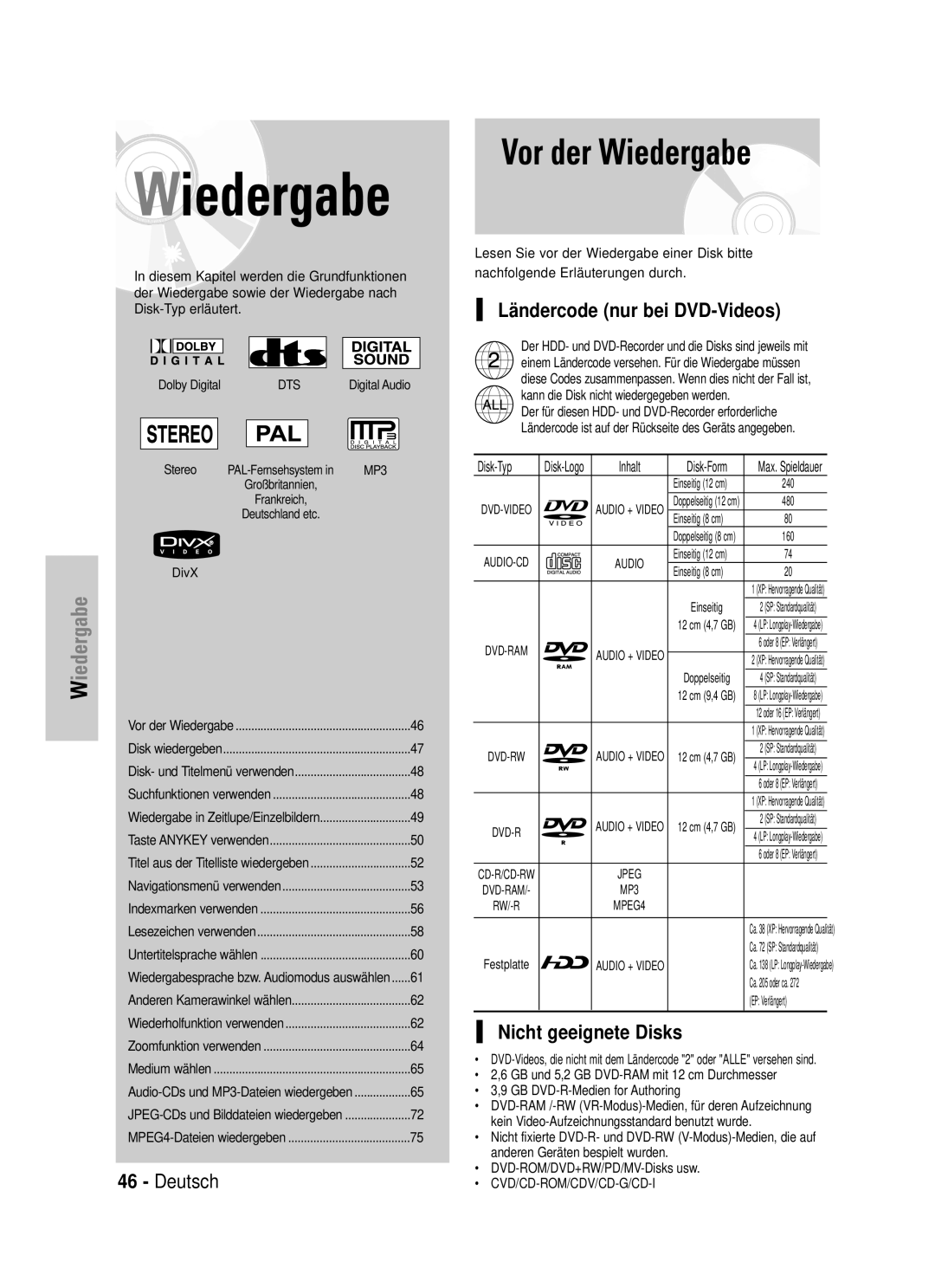 Samsung DVD-HR725/XEG manual Vor der Wiedergabe, Ländercode nur bei DVD-Videos, Nicht geeignete Disks, Disk-Typ 