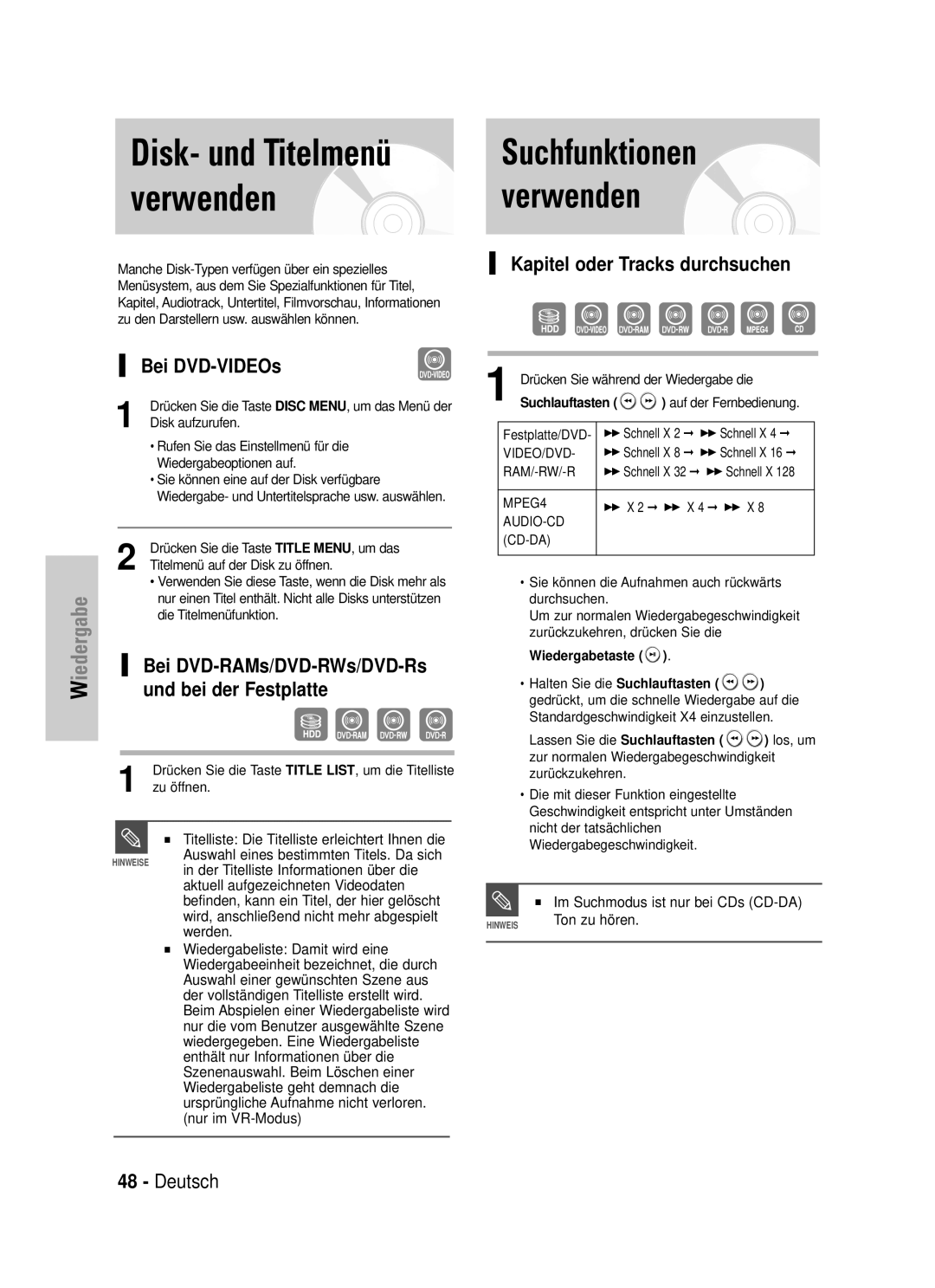 Samsung DVD-HR725/XEG manual Disk- und Titelmenü verwenden, Suchfunktionen verwenden, Und bei der Festplatte 