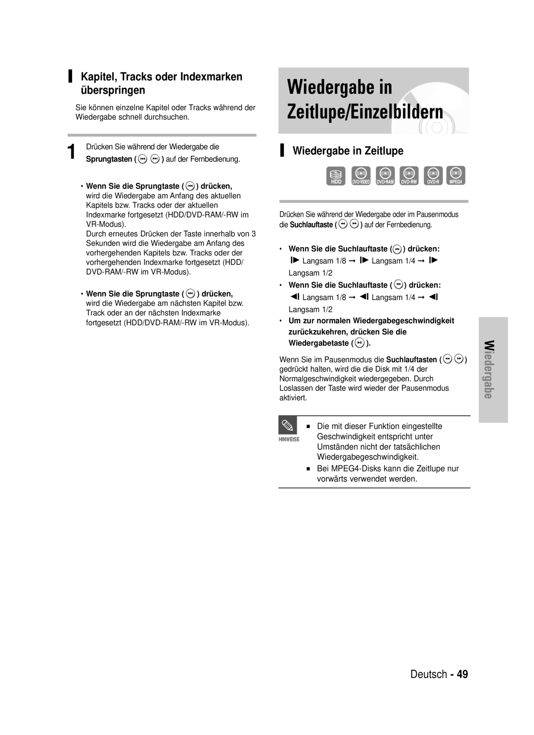 Samsung DVD-HR725/XEG manual Wiedergabe Zeitlupe/Einzelbildern, Kapitel, Tracks oder Indexmarken ü berspringen 